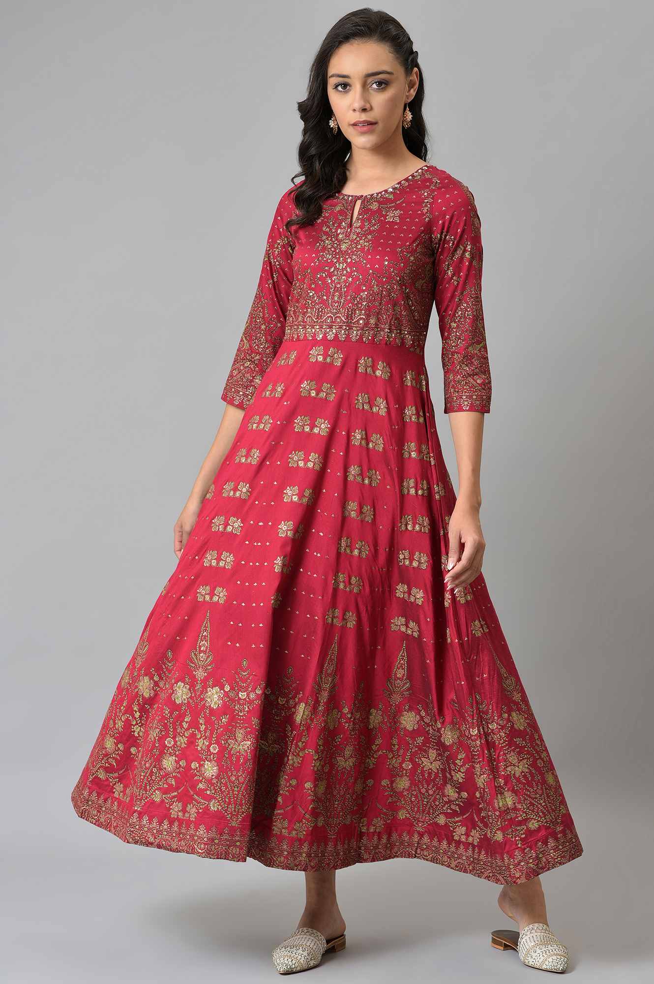 Maroon Floral Printed Festive Indie Dress - Image 5