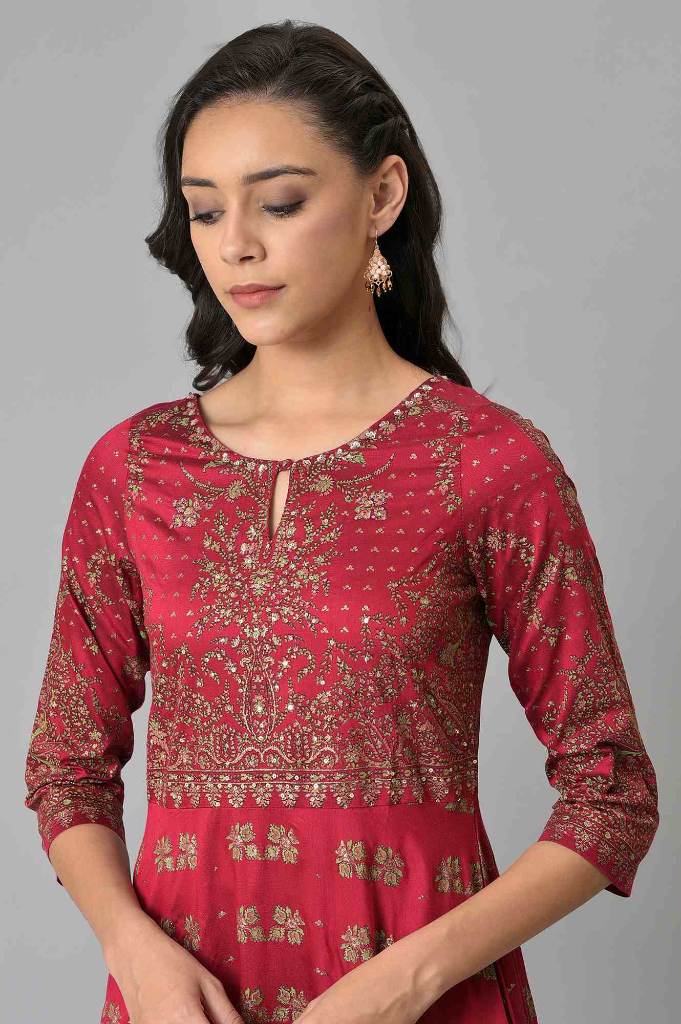 Maroon Floral Printed Festive Indie Dress - Image 6