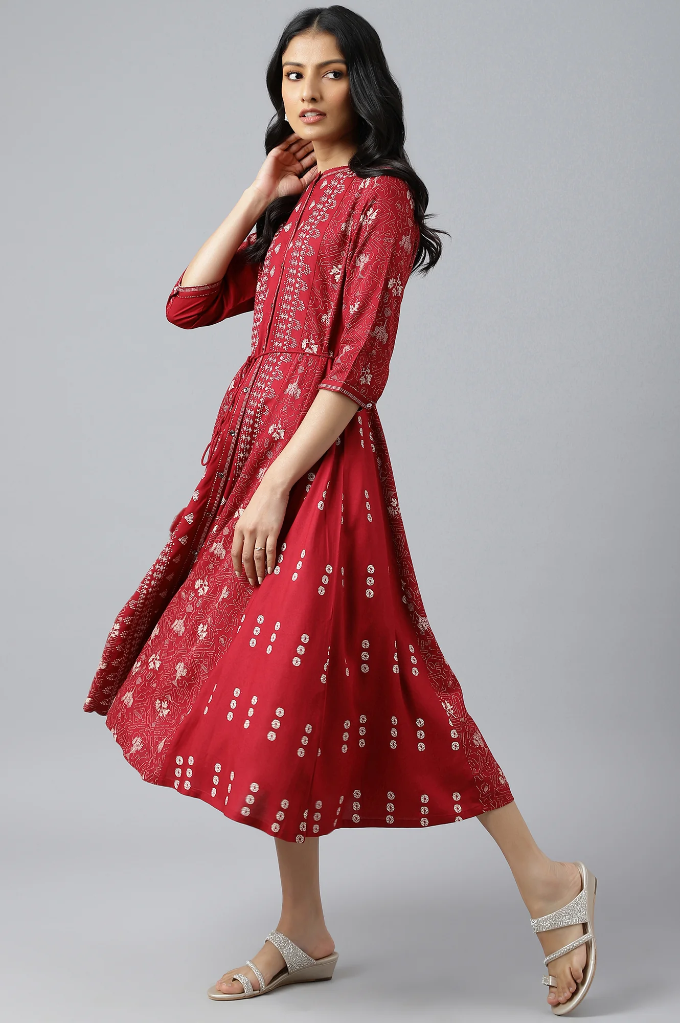 Maroon Floral Printed Panelled Indie Dress - Image 3