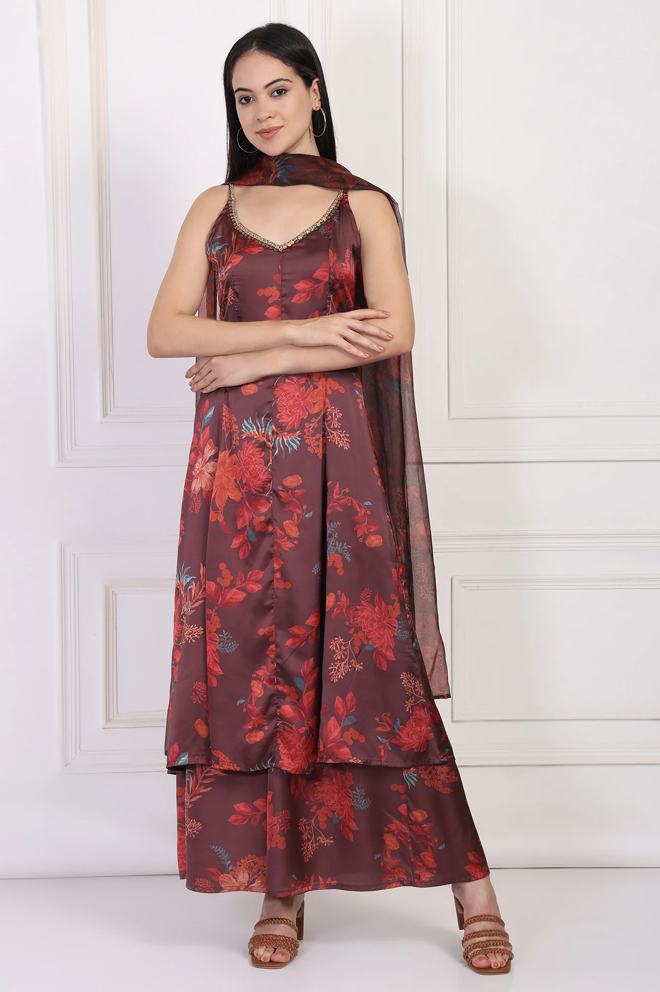 Maroon Floral Printed Sequined A-Line Satin Kurta with Flared Pant and Dupatta Set - Image 2