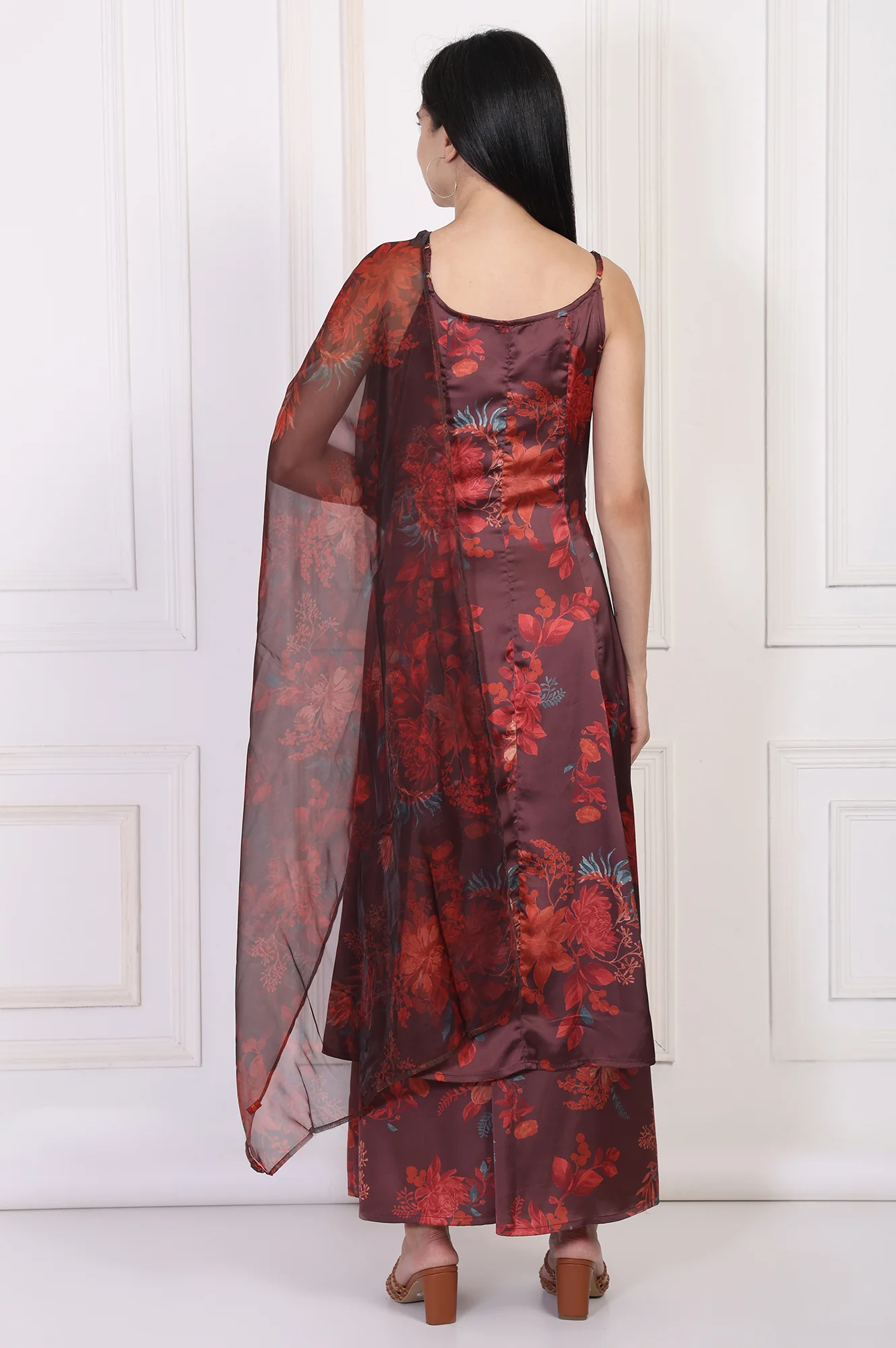 Maroon Floral Printed Sequined A-Line Satin Kurta with Flared Pant and Dupatta Set - Image 5