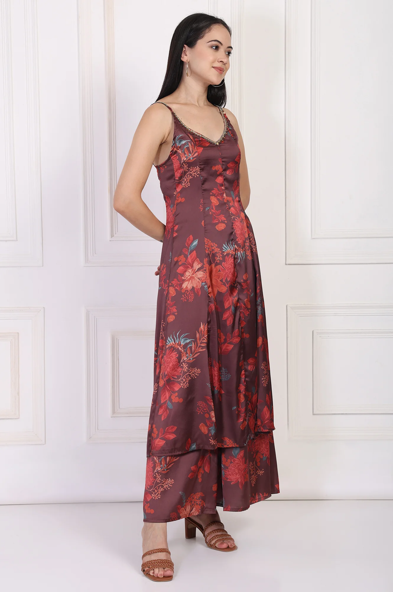 Maroon Floral Printed Sequined A-Line Satin Kurta with Flared Pant and Dupatta Set - Image 6