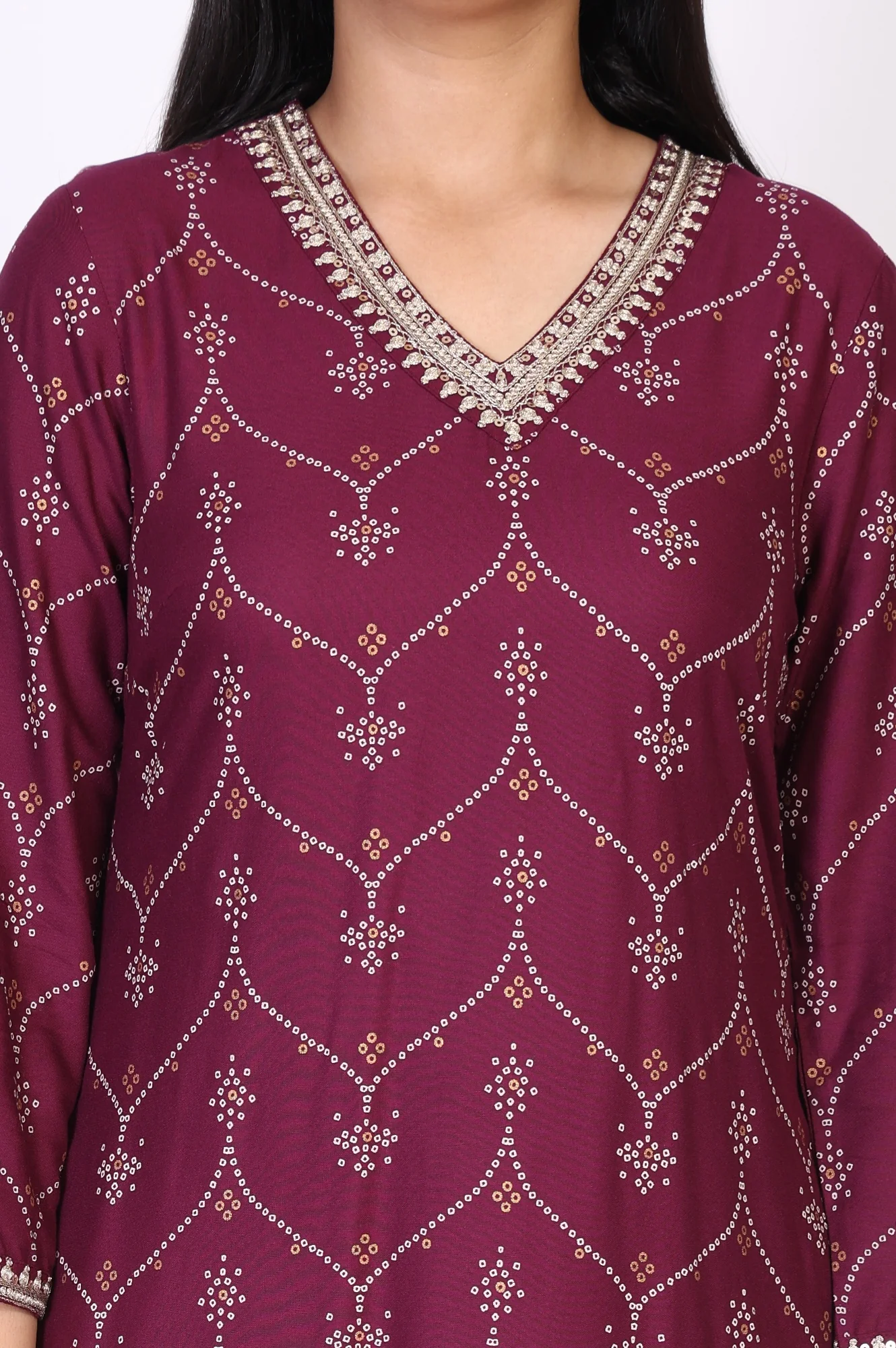 Purple Bandhani Printed Embroidered Straight Rayon Kurta and Straight Pant Co-ord Set - Image 3