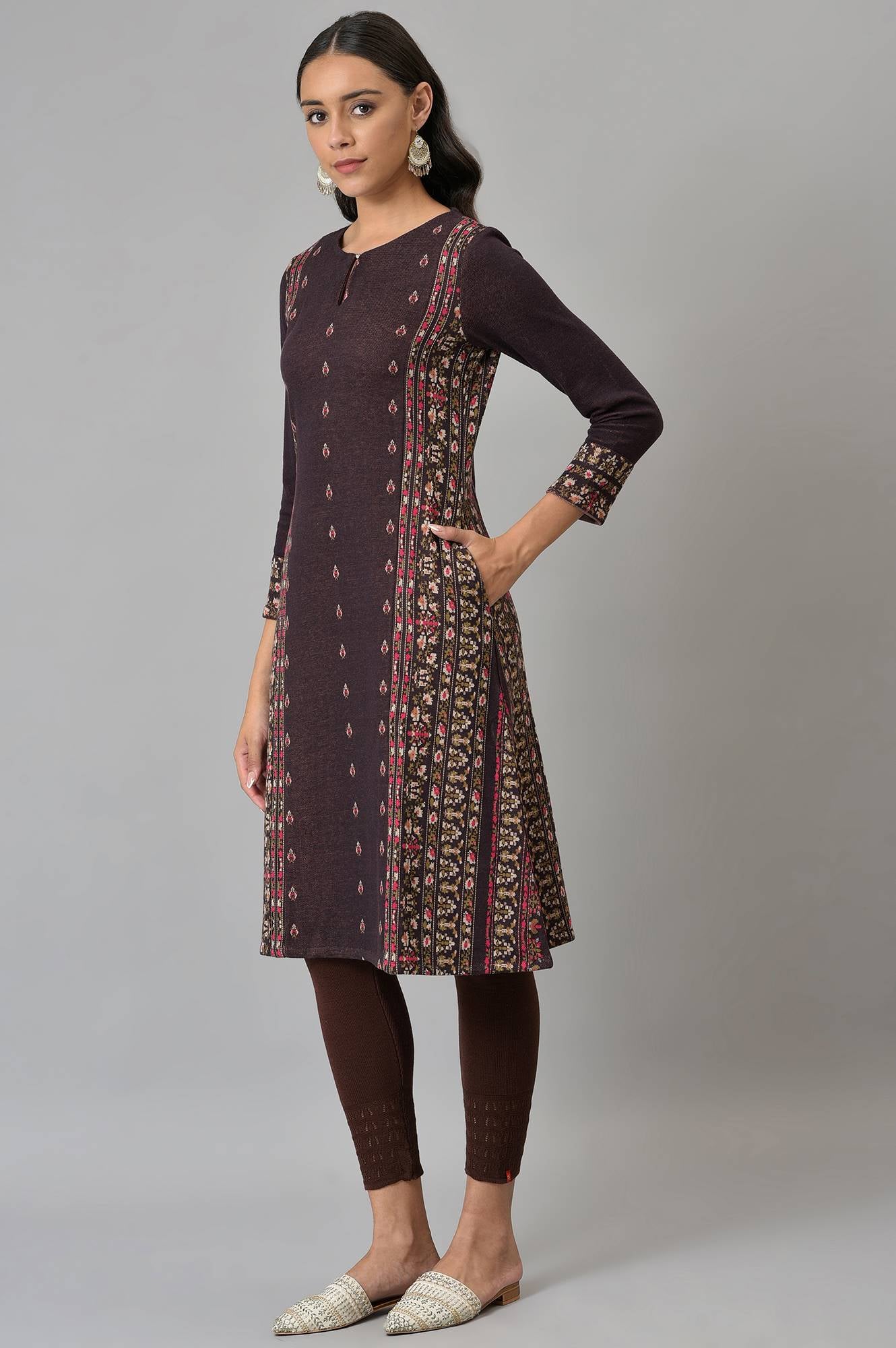 Maroon Jacquard Flared Plus Size Winter kurta - Image 3