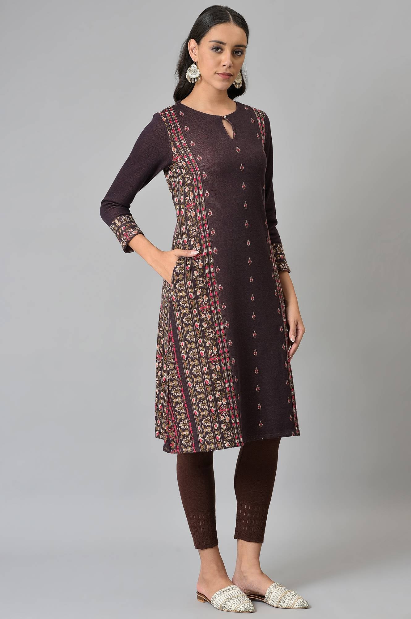 Maroon Jacquard Flared Plus Size Winter kurta - Image 4