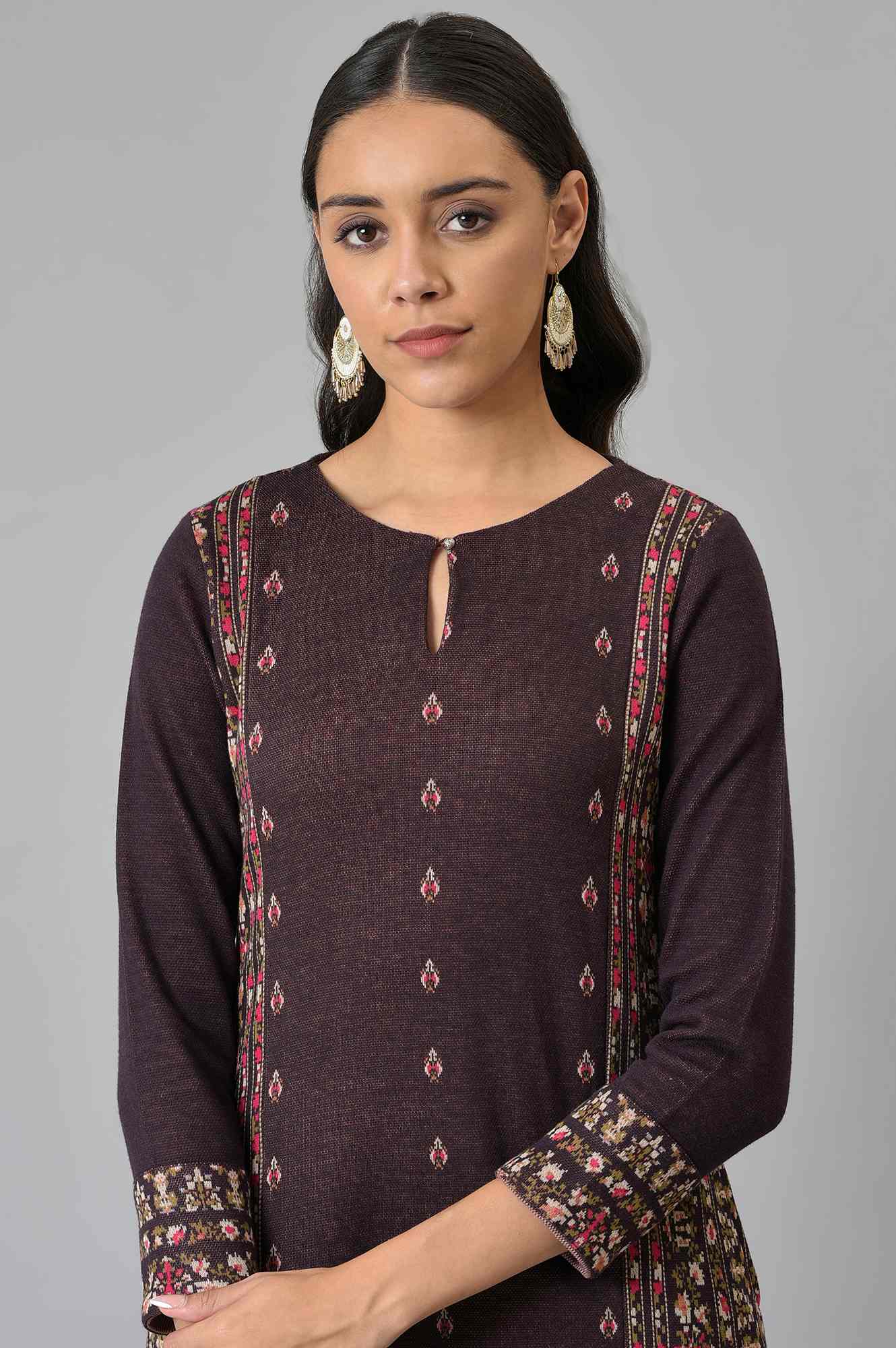 Maroon Jacquard Flared Plus Size Winter kurta - Image 6