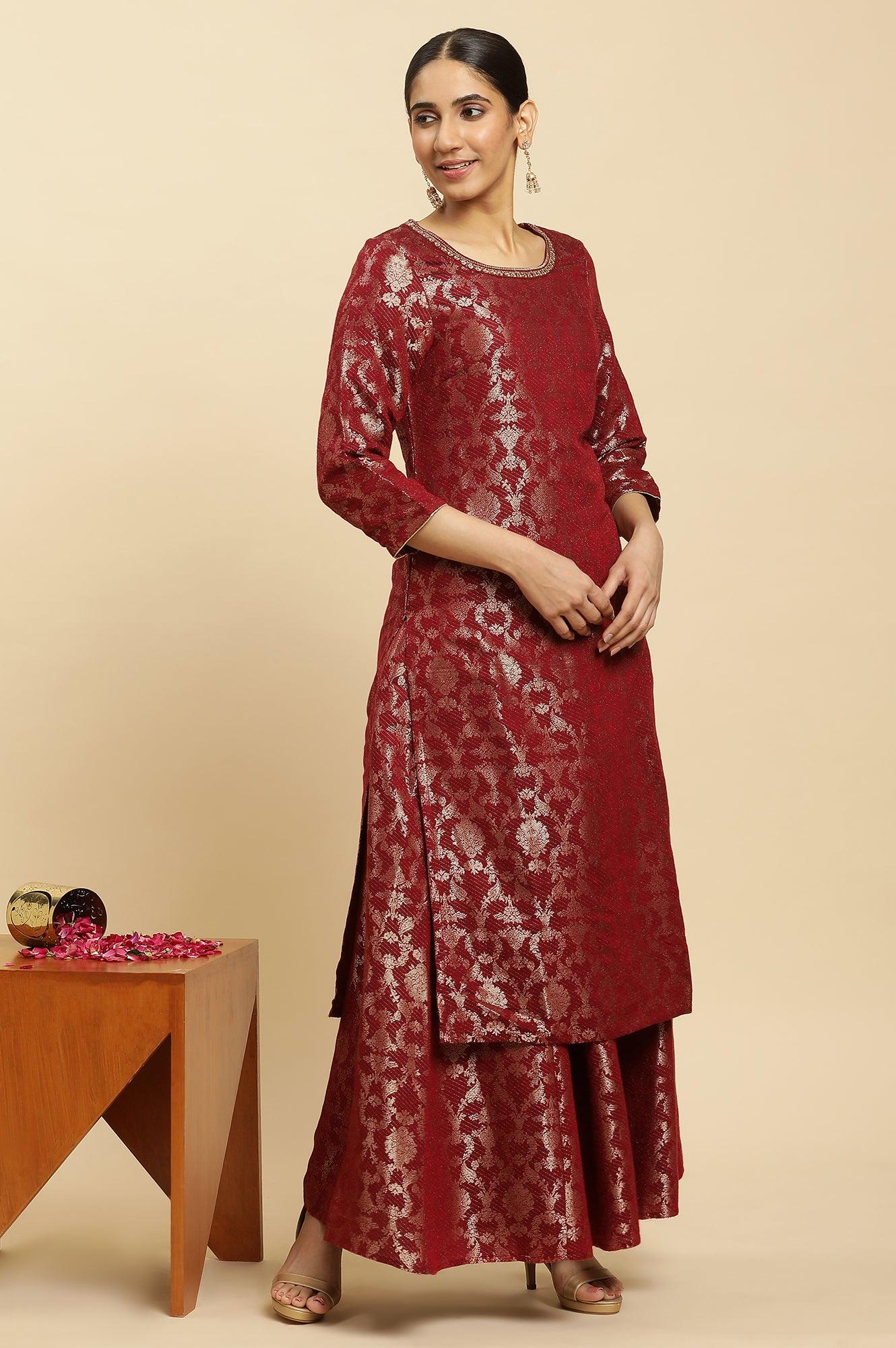 Maroon Jacquard Flared Skirt - Image 5