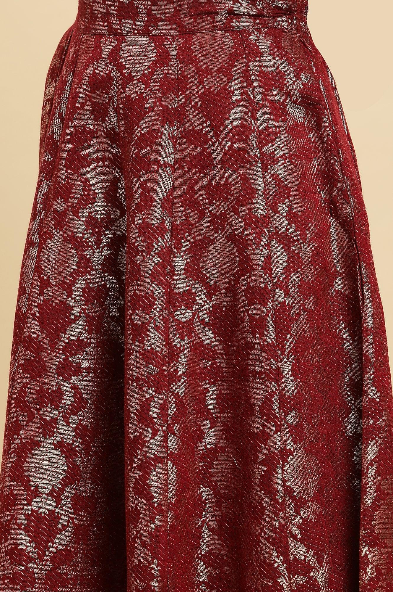 Maroon Jacquard Flared Skirt - Image 7