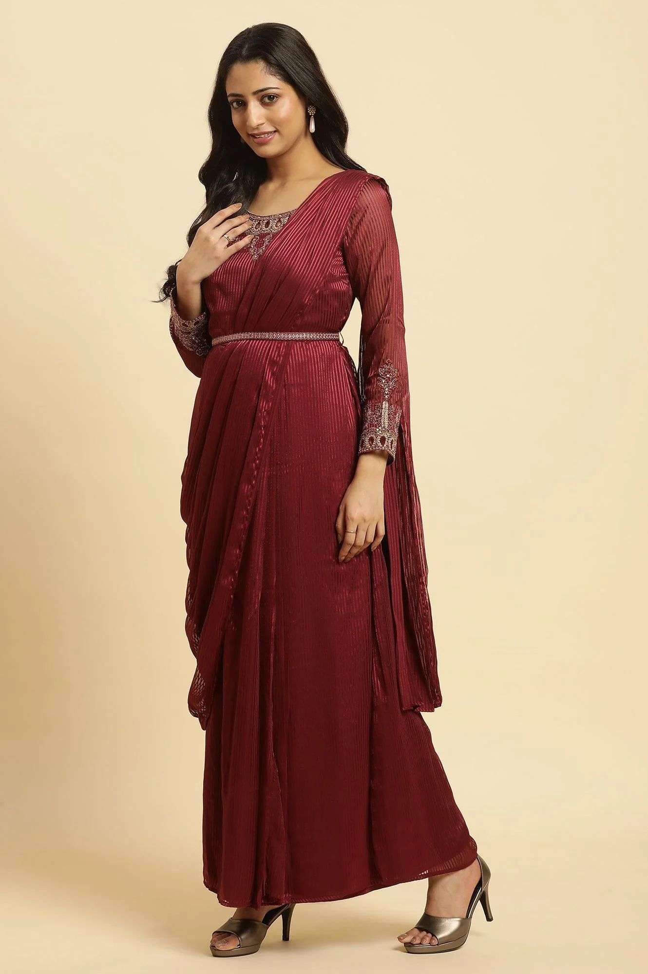 Maroon Jewelled Neck Pre-Draped Festive Saree Dress - Image 3