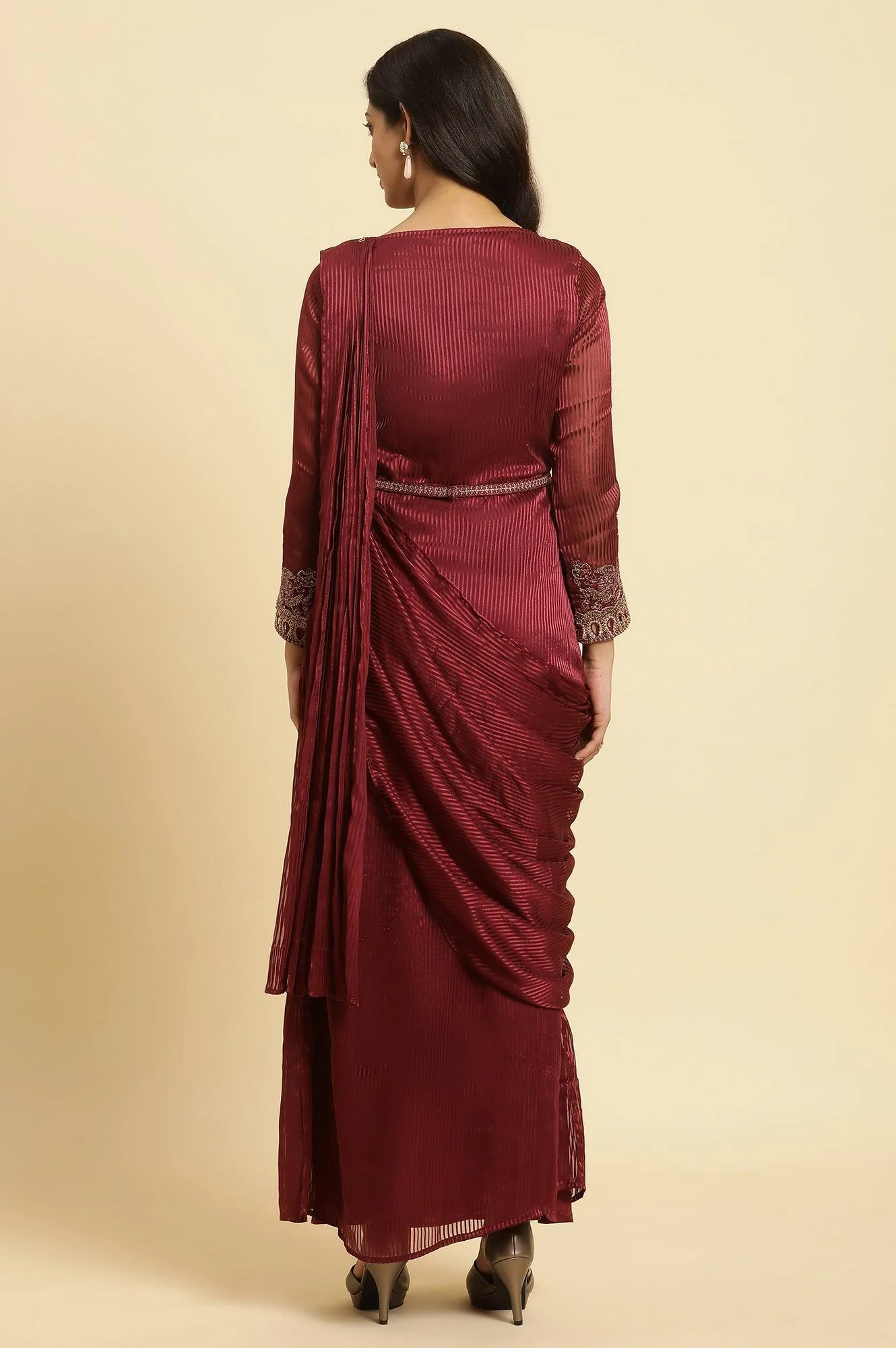 Maroon Jewelled Neck Pre-Draped Festive Saree Dress - Image 4