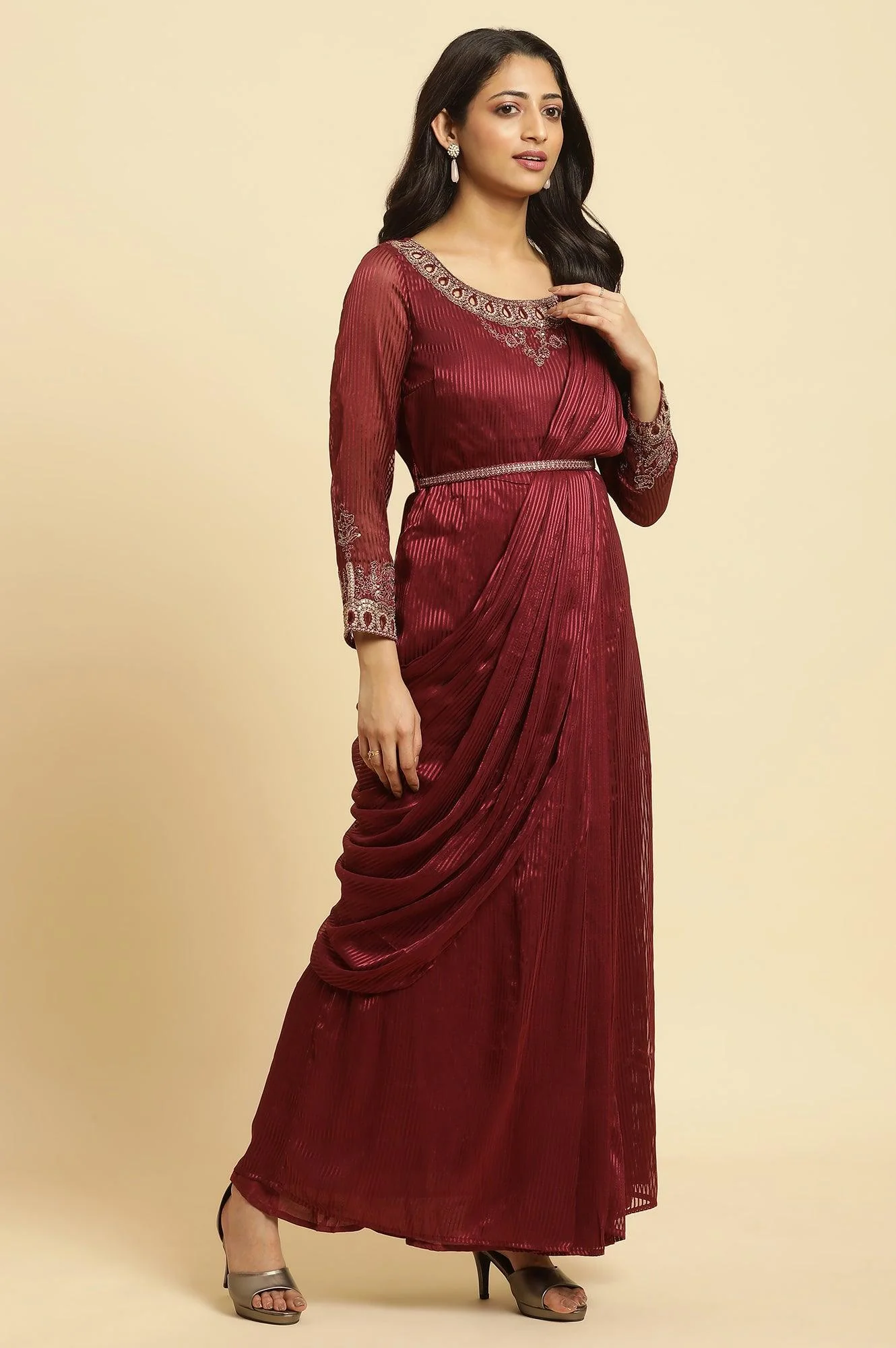 Maroon Jewelled Neck Pre-Draped Festive Saree Dress - Image 5