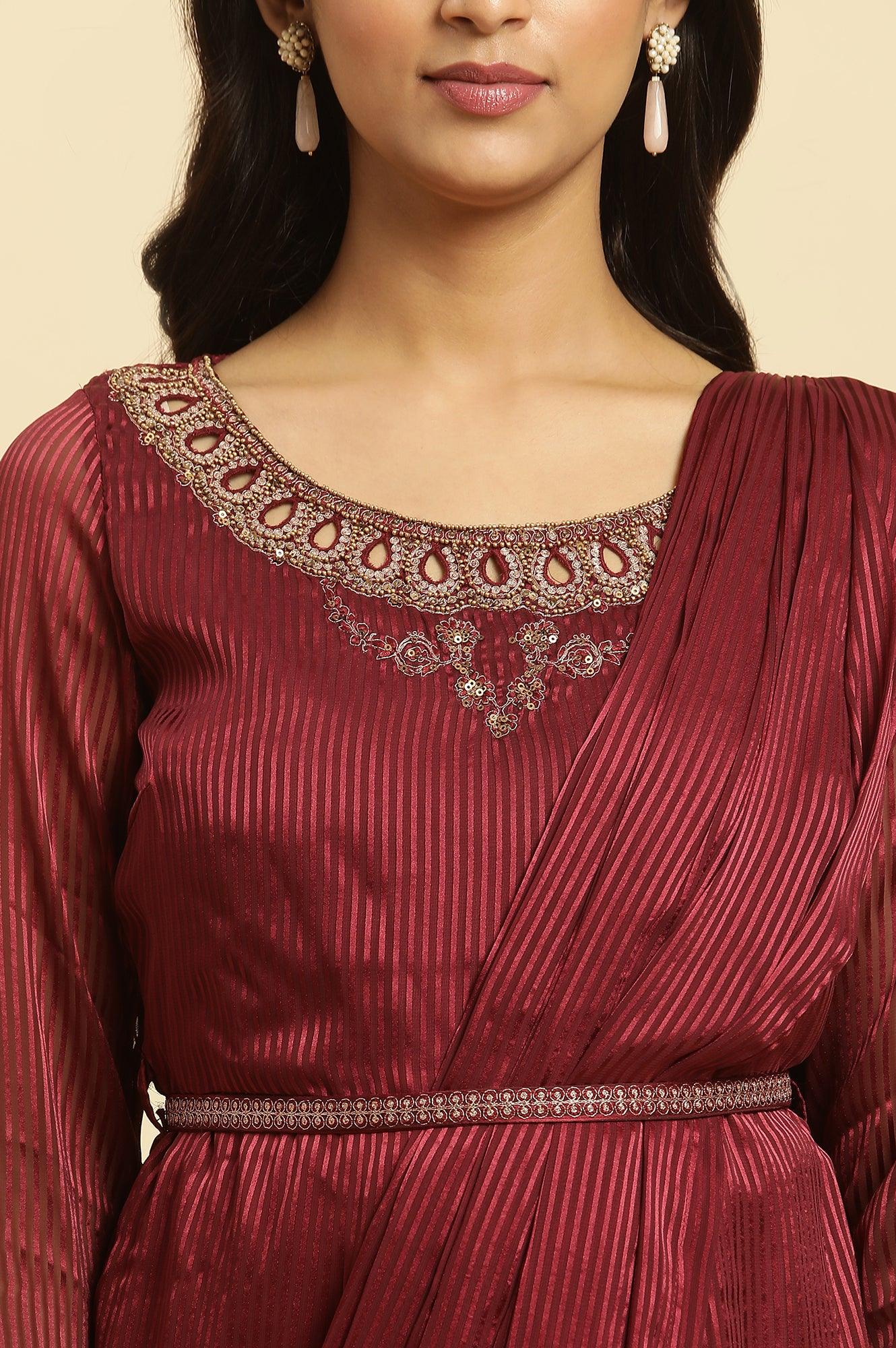 Maroon Jewelled Neck Pre-Draped Festive Saree Dress - Image 6