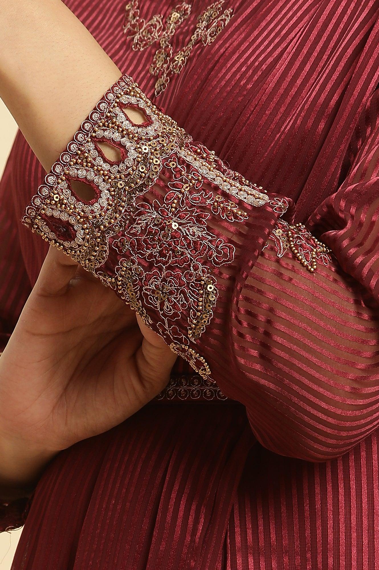 Maroon Jewelled Neck Pre-Draped Festive Saree Dress - Image 7