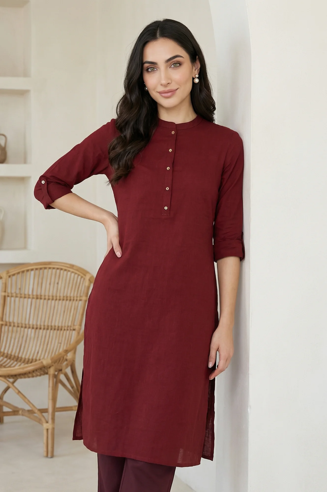 Maroon Mandarin Collar Cotton Blend Straight Kurta With W Branding - Image 3