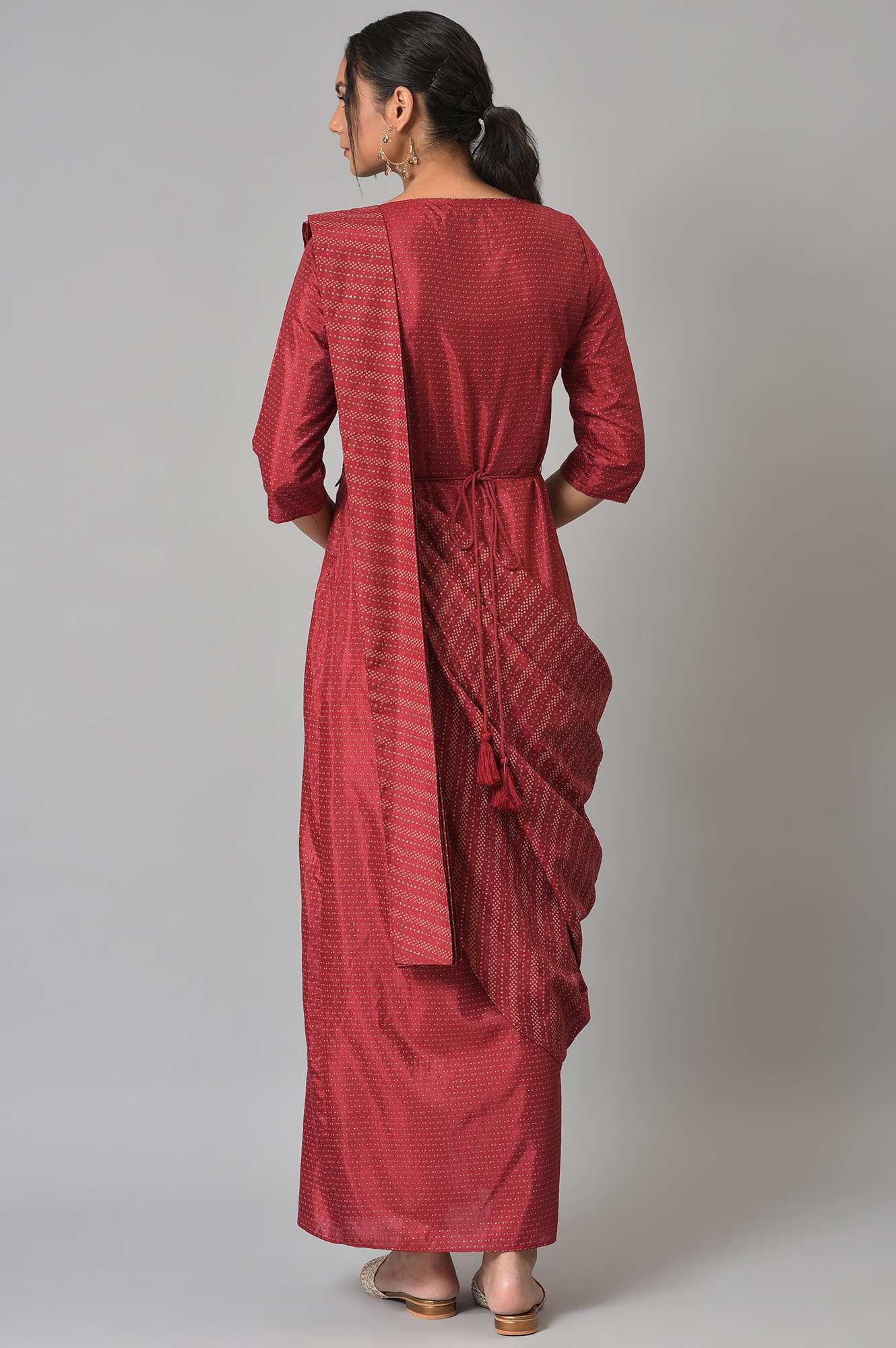 Maroon Festive Maxi Saree Dress with Embroidered Belt - Image 3