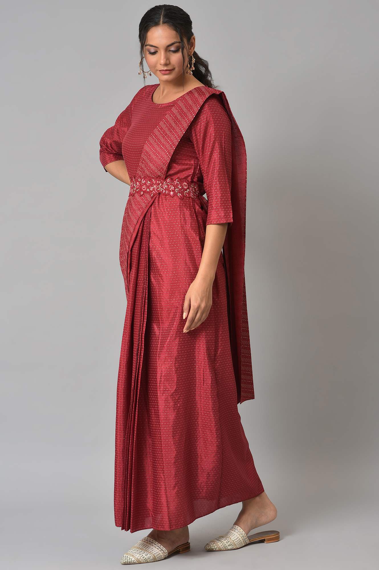 Maroon Festive Maxi Saree Dress with Embroidered Belt - Image 4