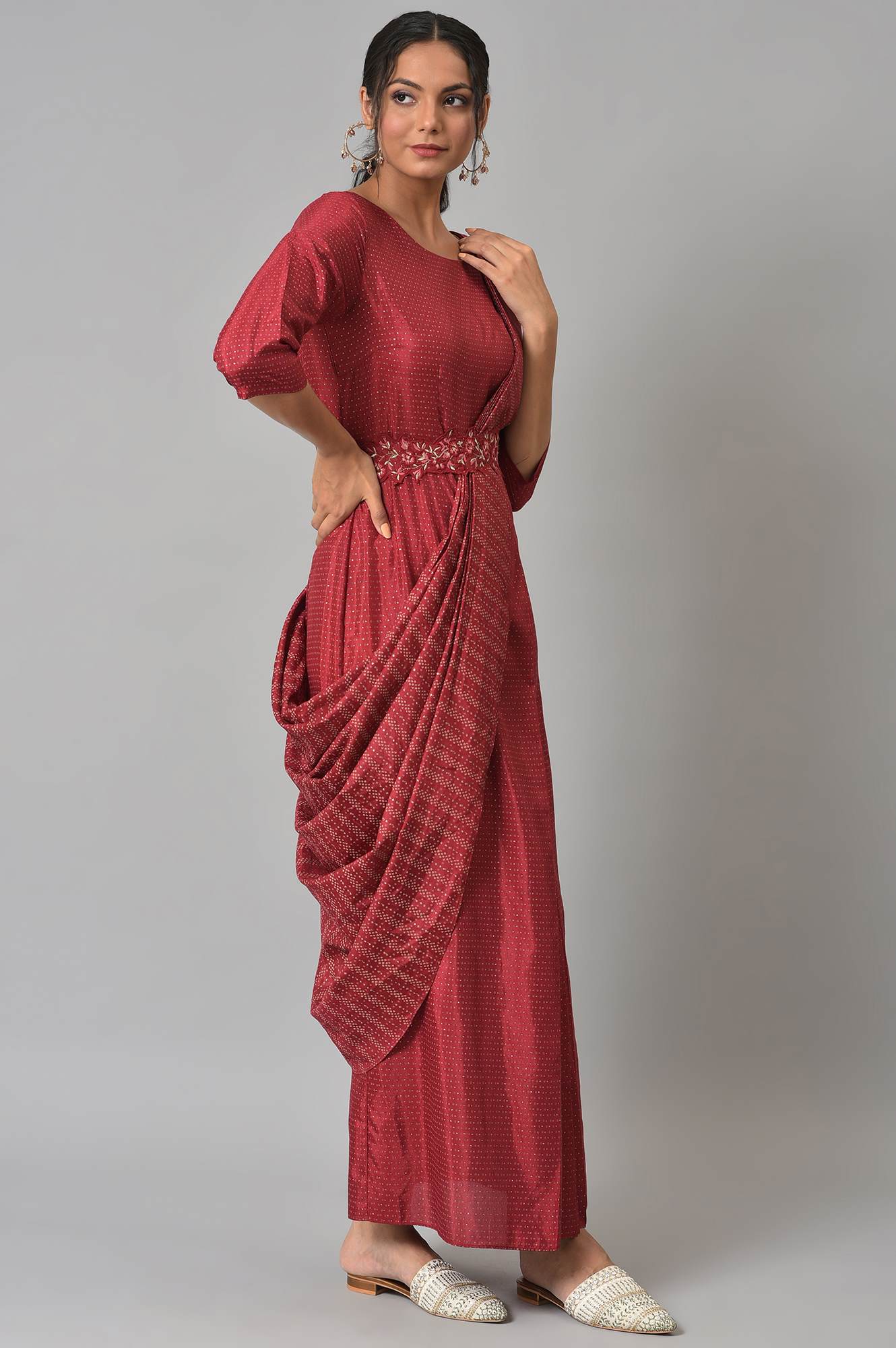 Maroon Festive Maxi Saree Dress with Embroidered Belt - Image 5