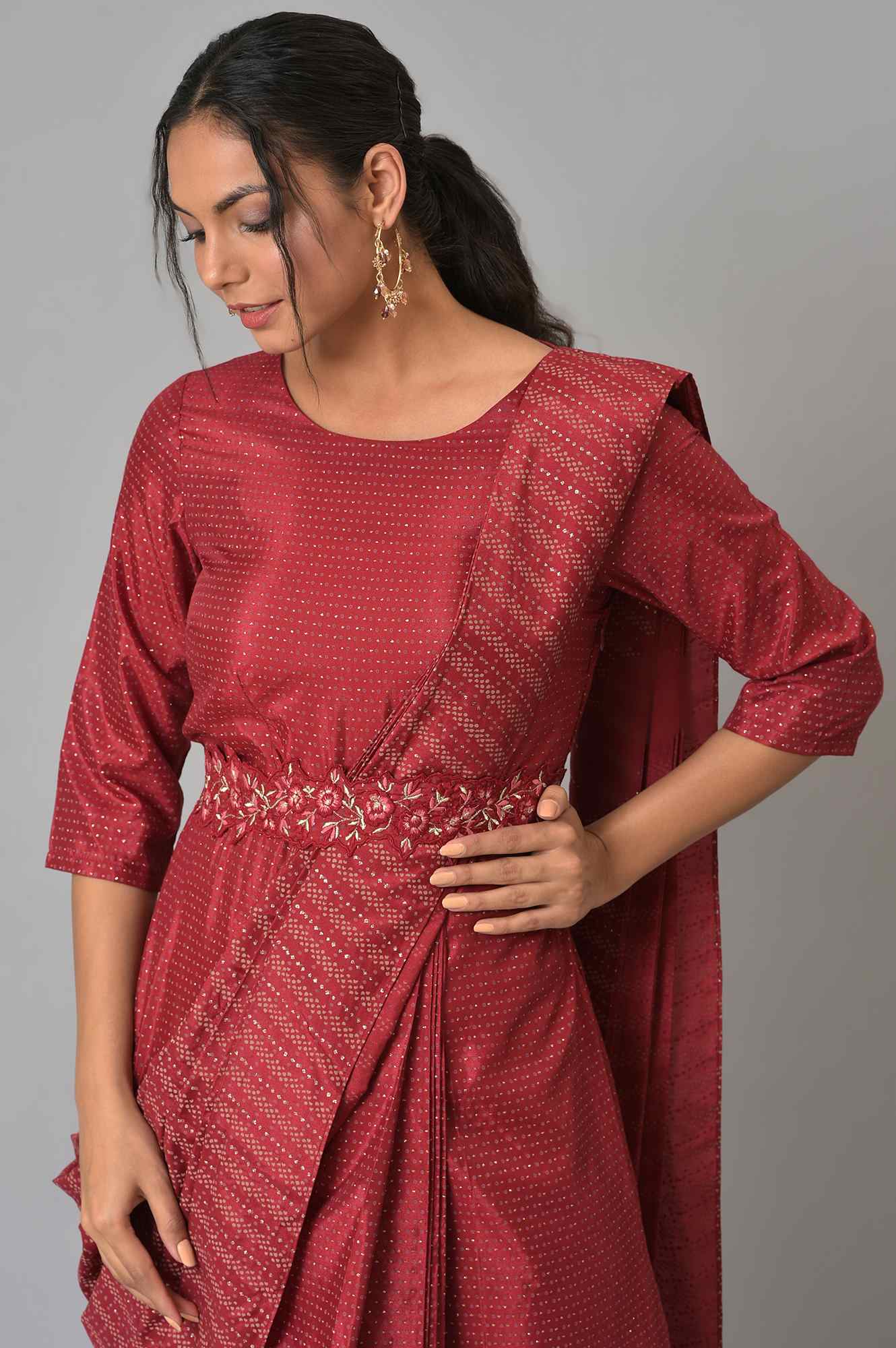 Maroon Festive Maxi Saree Dress with Embroidered Belt - Image 6