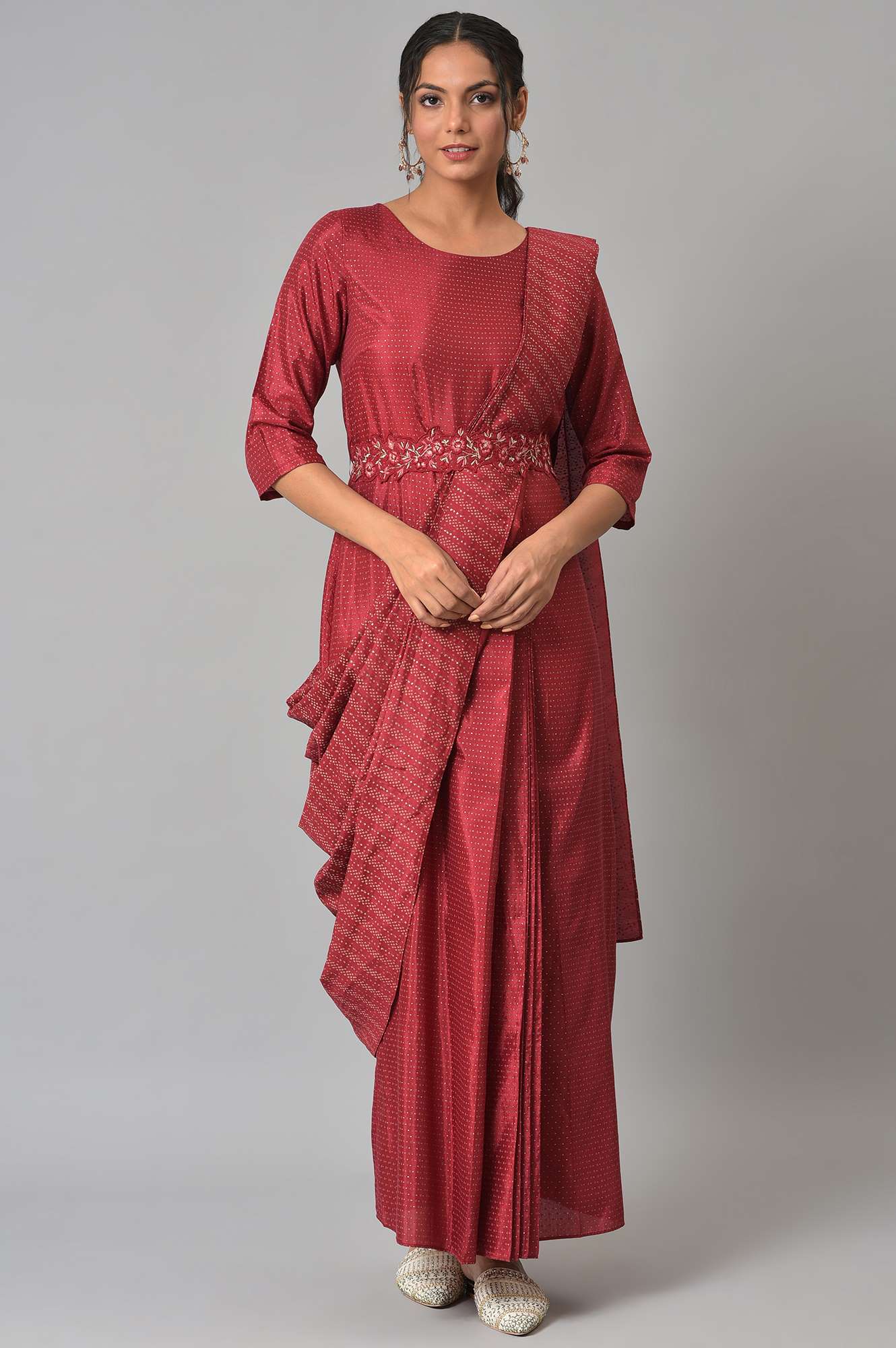 Maroon Festive Maxi Saree Dress with Embroidered Belt - Image 7