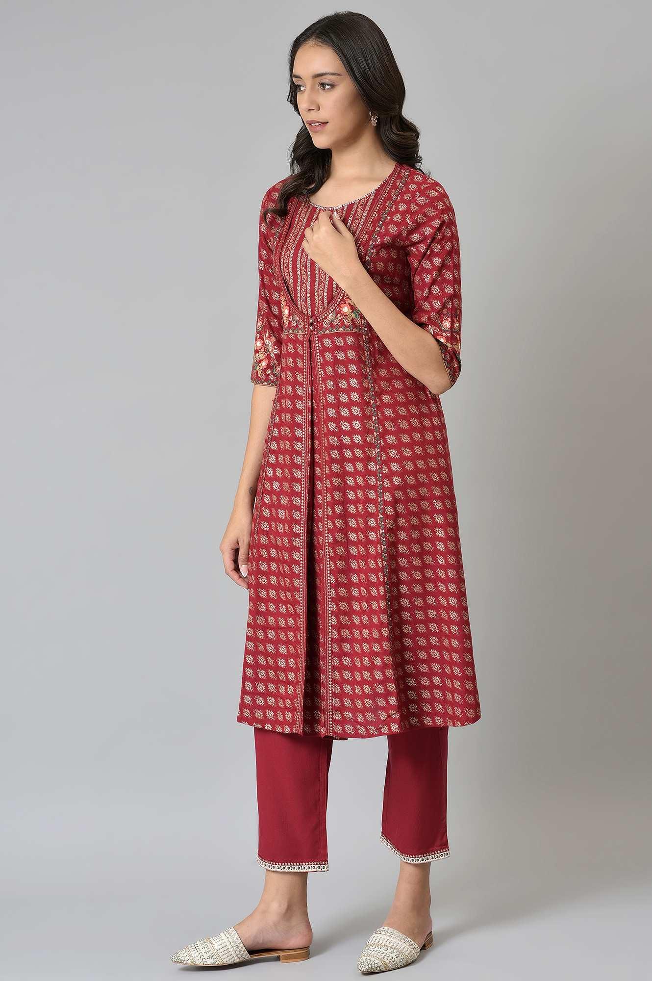 Maroon Mock Layer Festive kurta With Straight Pants - Image 3