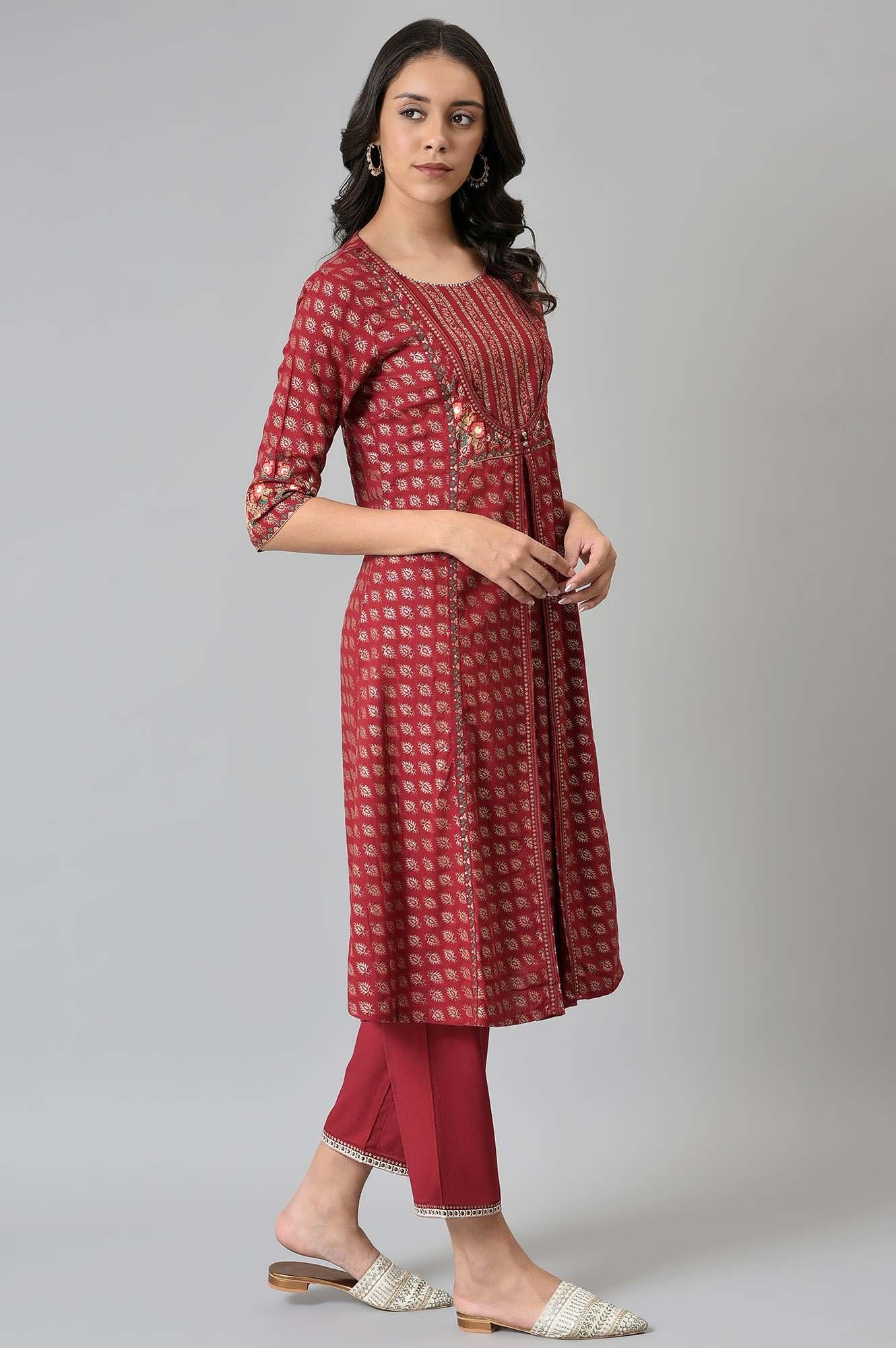 Maroon Mock Layer Festive kurta With Straight Pants - Image 4