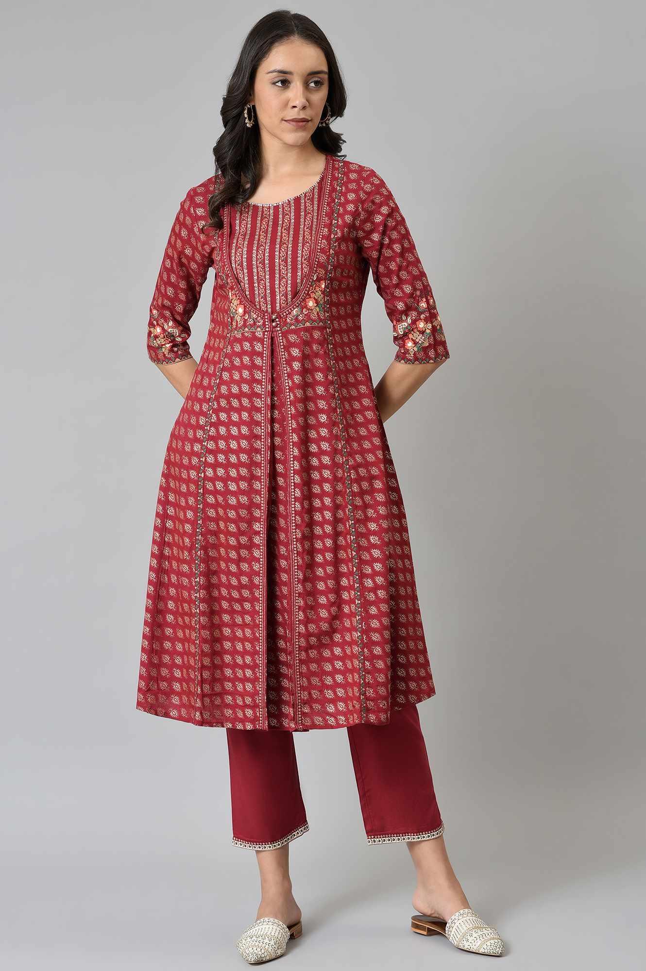 Maroon Mock Layer Festive kurta With Straight Pants - Image 7