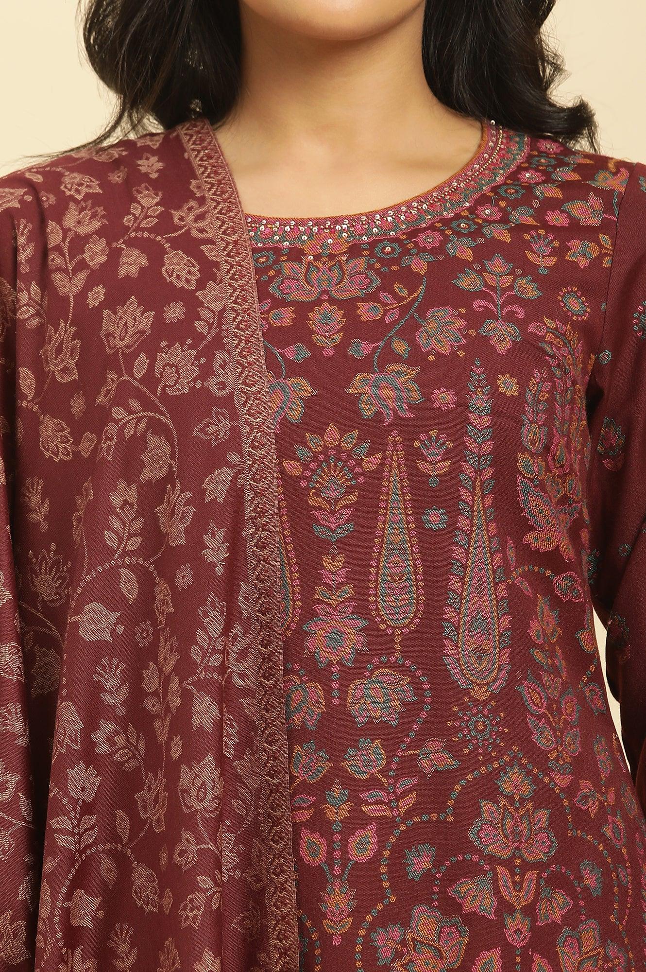 Maroon Printed Acrylic Kurta, Pants And Shawl Set - Image 6