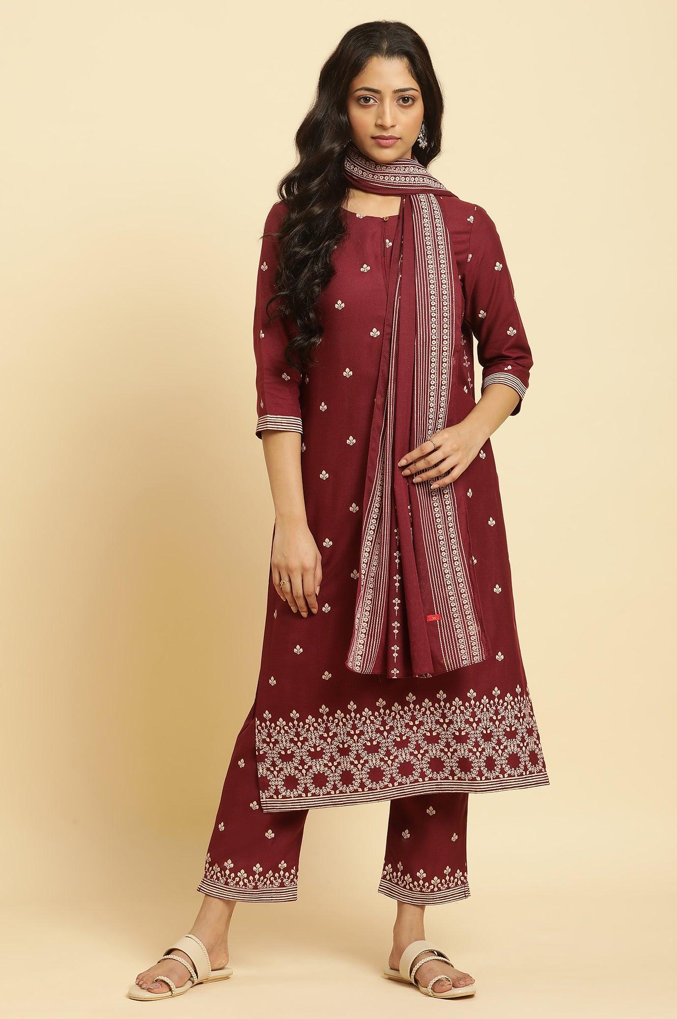 Maroon Printed Kurta, Pants And Dupatta Set - Image 2