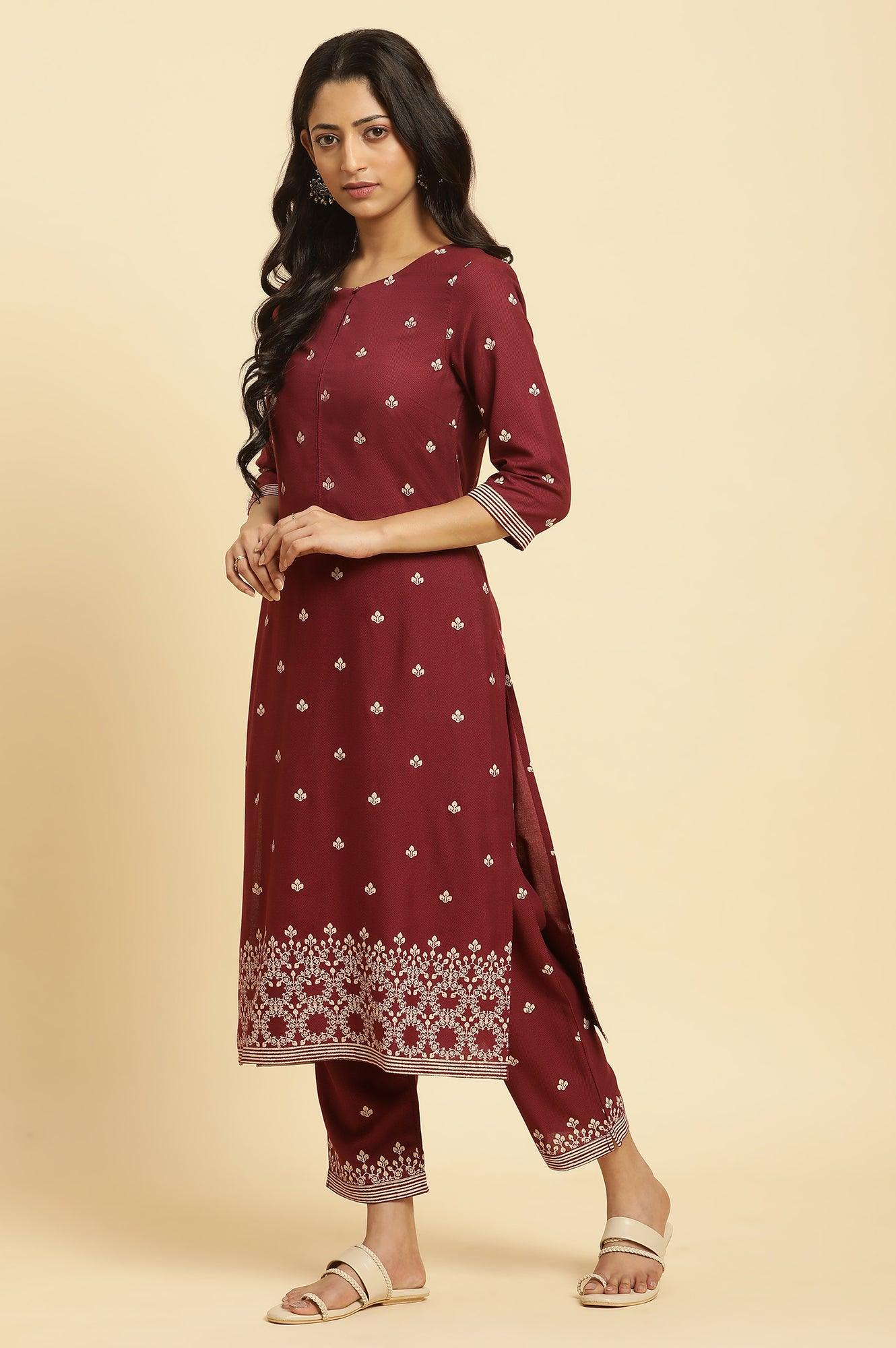 Maroon Printed Kurta, Pants And Dupatta Set - Image 3