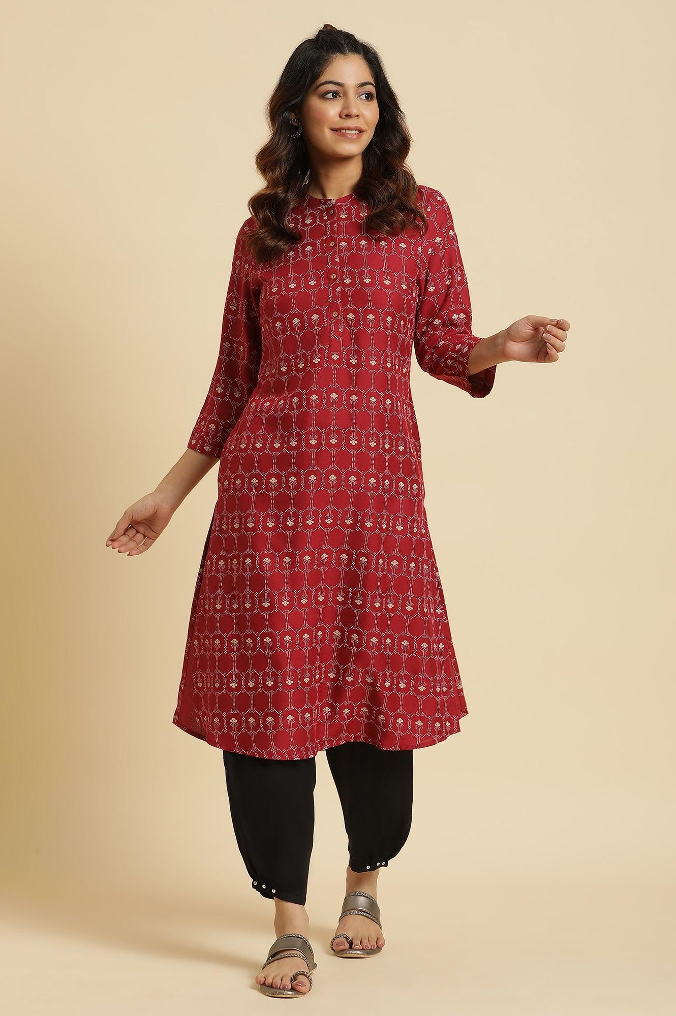 Maroon Printed Mandarin Collar Kurta - Image 2