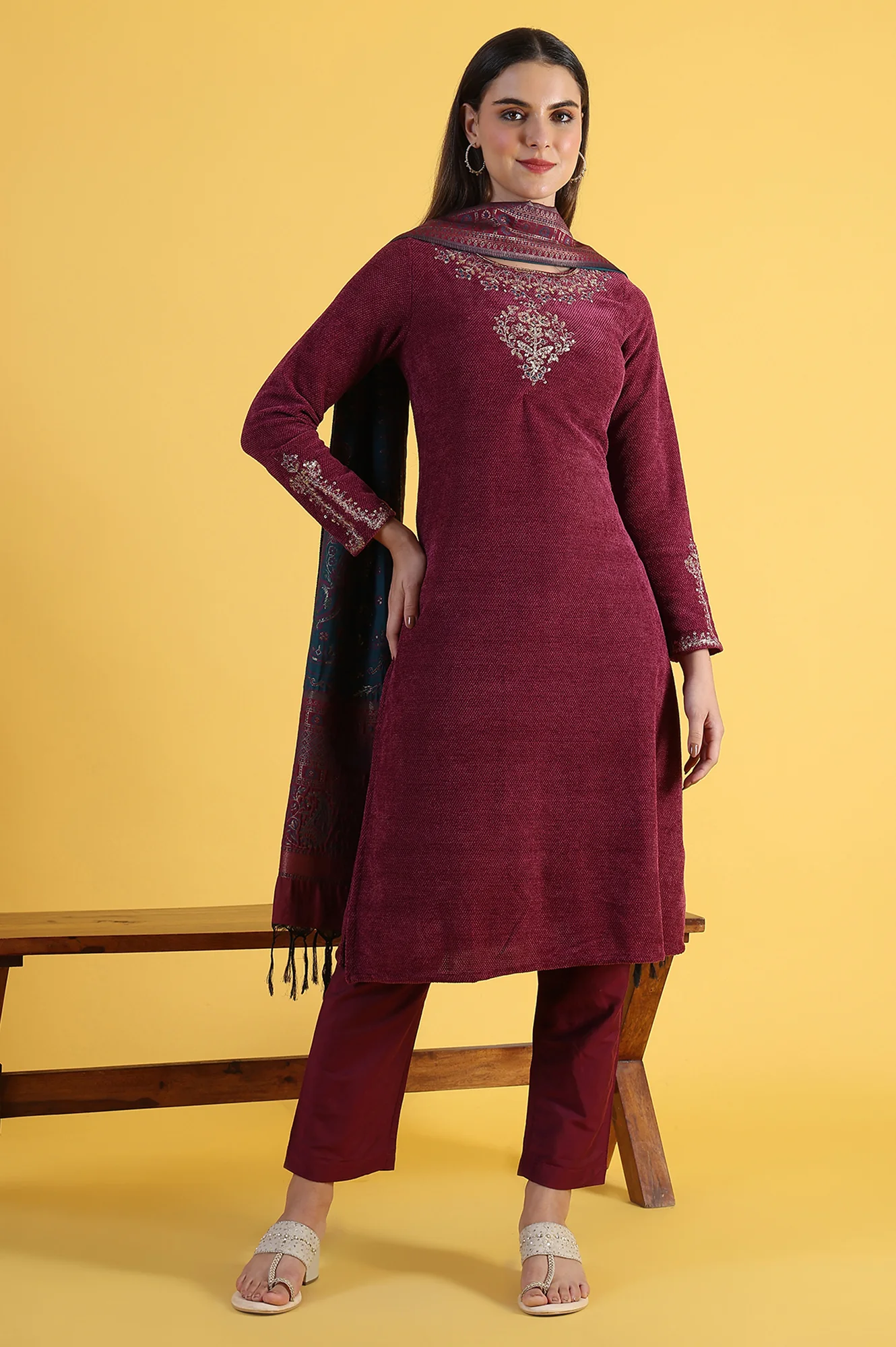 Maroon Solid Metallic Embroidery Straight Kurta & Straight pant with Dupatta Set - Image 2