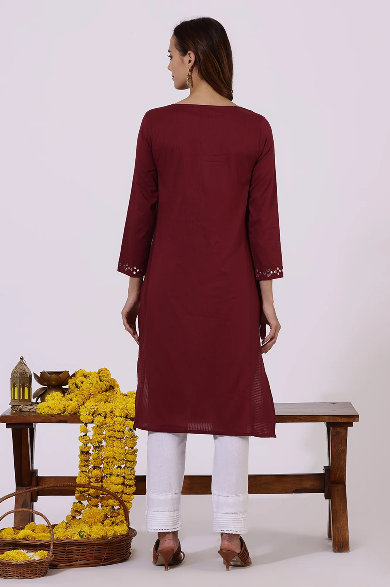 Maroon Solid Mirror Work Pure Cotton Straight Kurta - Image 5