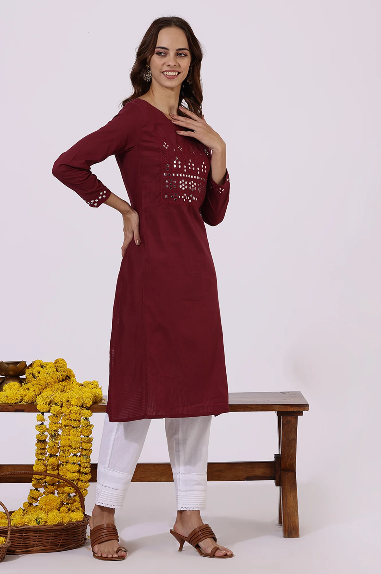 Maroon Solid Mirror Work Pure Cotton Straight Kurta - Image 6