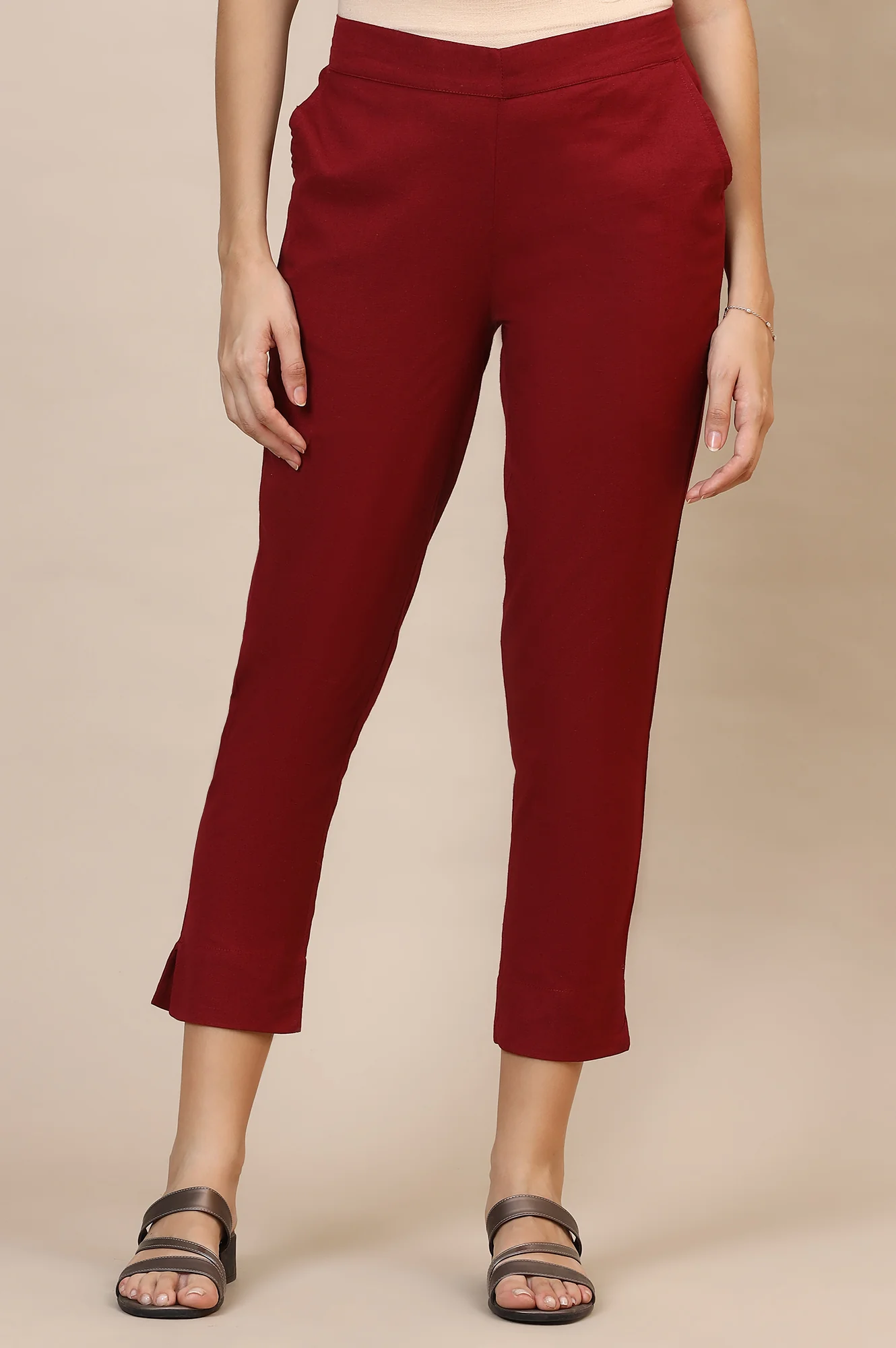 Elleven Women's Maroon Solid Straight Fit Cotton Trousers With Elasticated Waist - Image 2