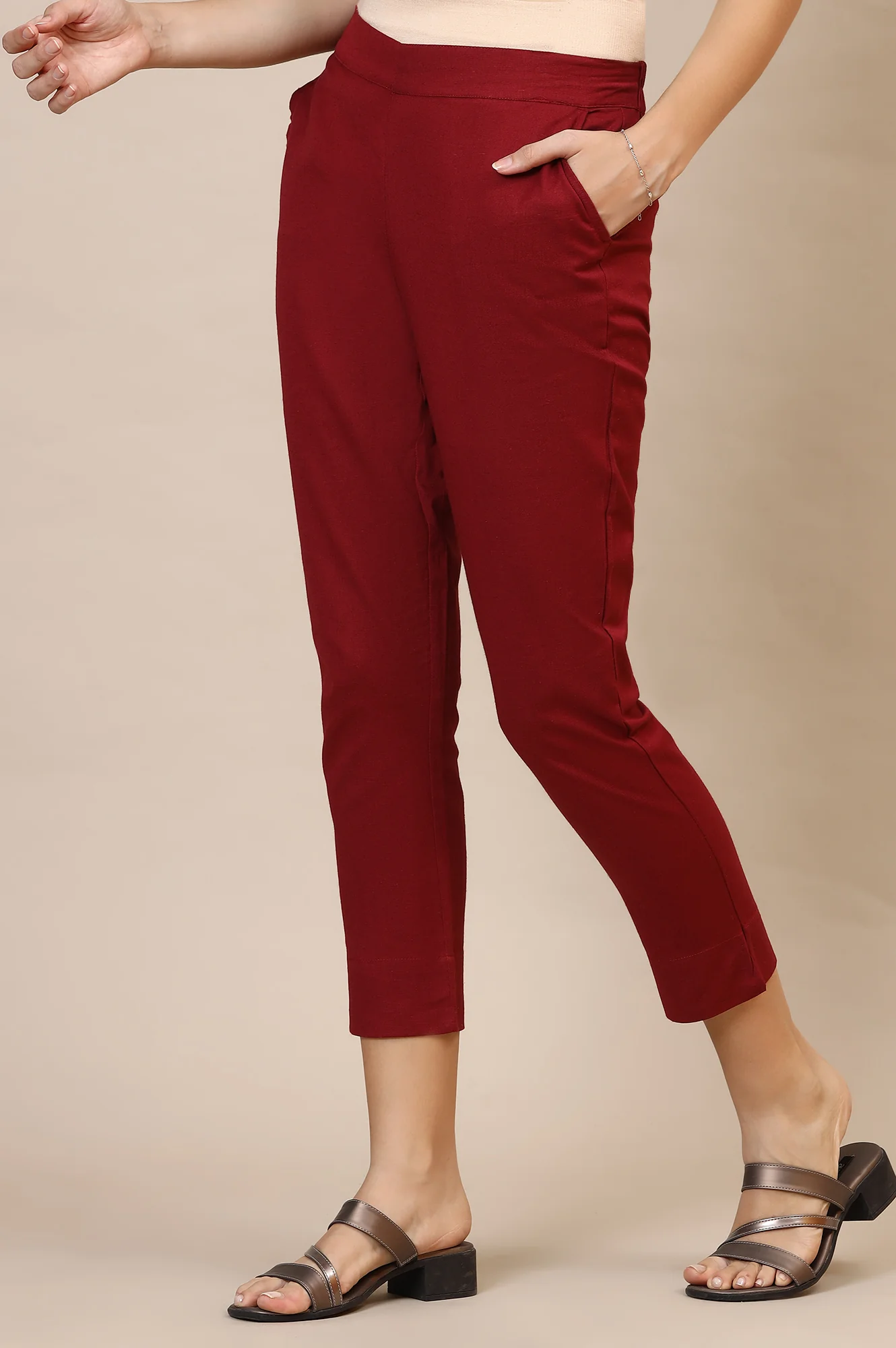 Elleven Women's Maroon Solid Straight Fit Cotton Trousers With Elasticated Waist - Image 3