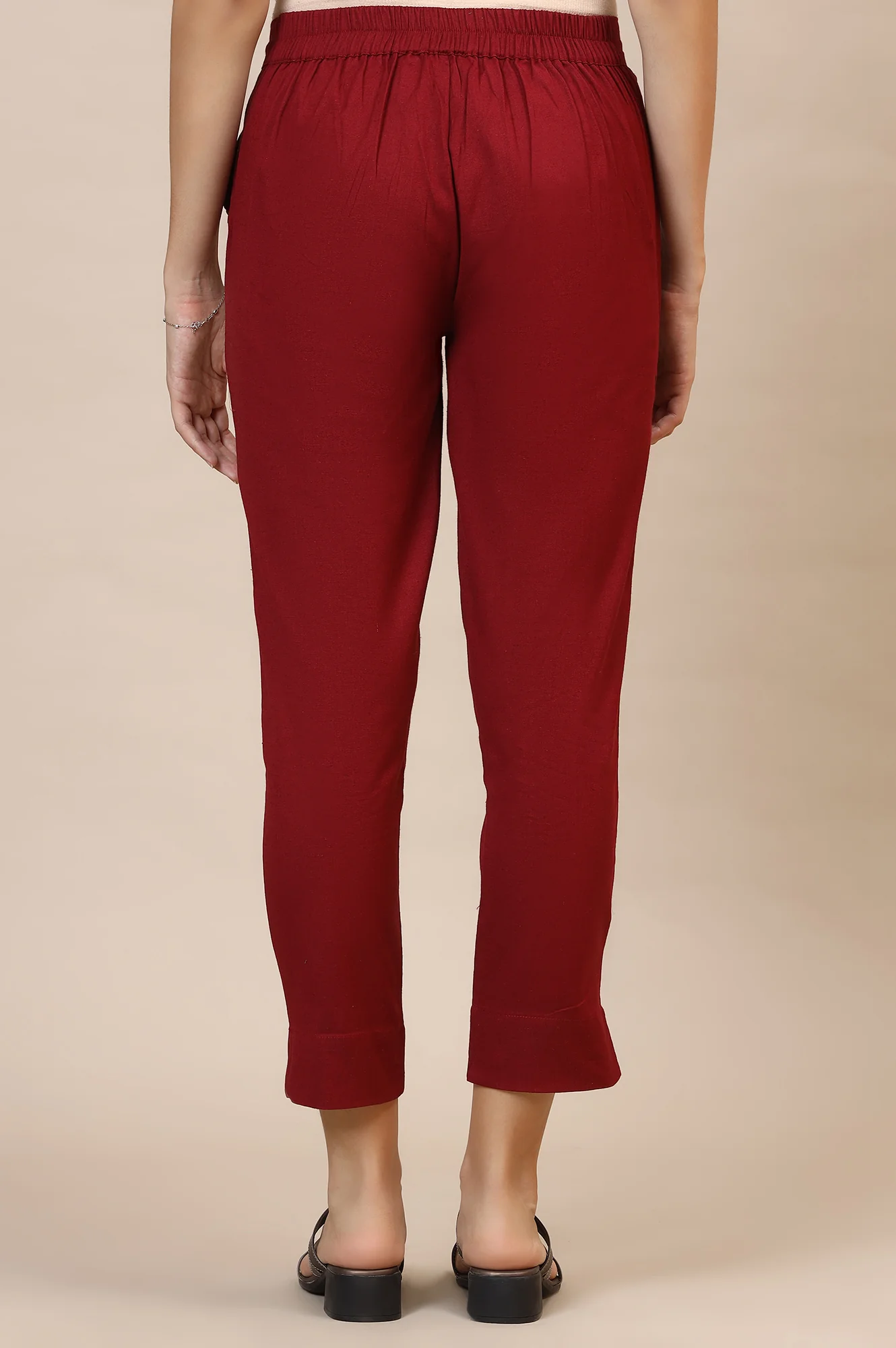 Elleven Women's Maroon Solid Straight Fit Cotton Trousers With Elasticated Waist - Image 4