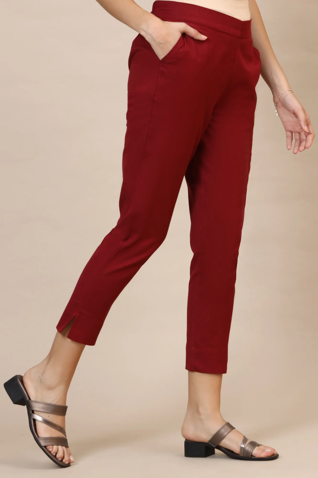 Elleven Women's Maroon Solid Straight Fit Cotton Trousers With Elasticated Waist - Image 5