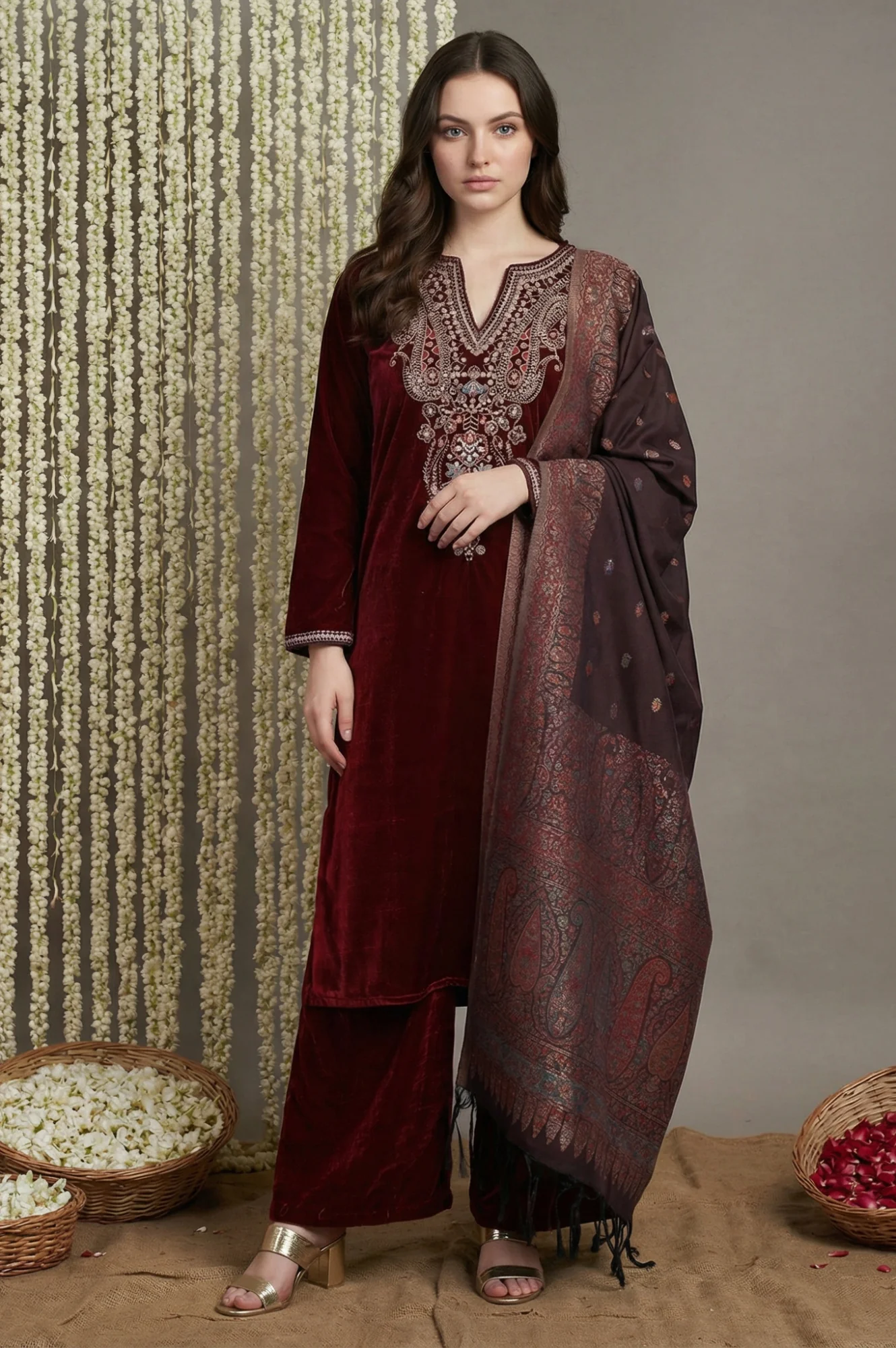 Maroon Straight Kurta with Parallel Pant and Dupatta
