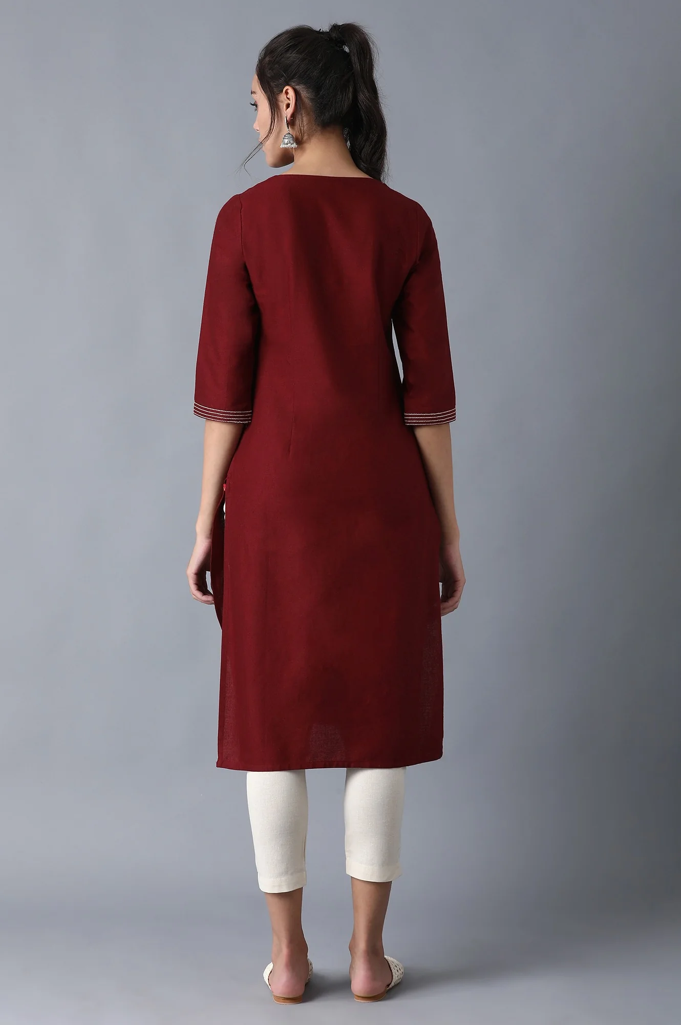 Maroon Stripe Print Straight kurta with Embroidery - Image 2