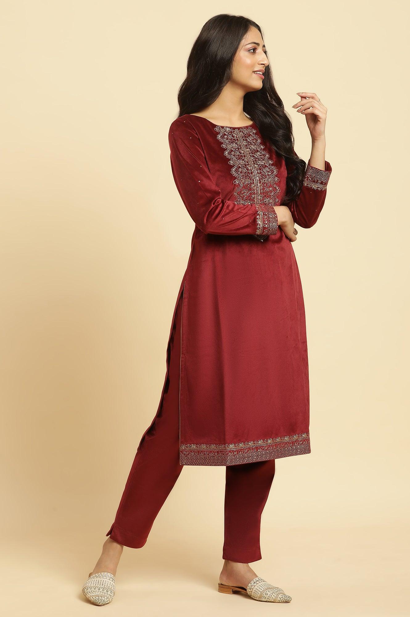 Maroon Velvet Embroidered Kurta, Pants And Jacquard Dupatta Set - Image 5