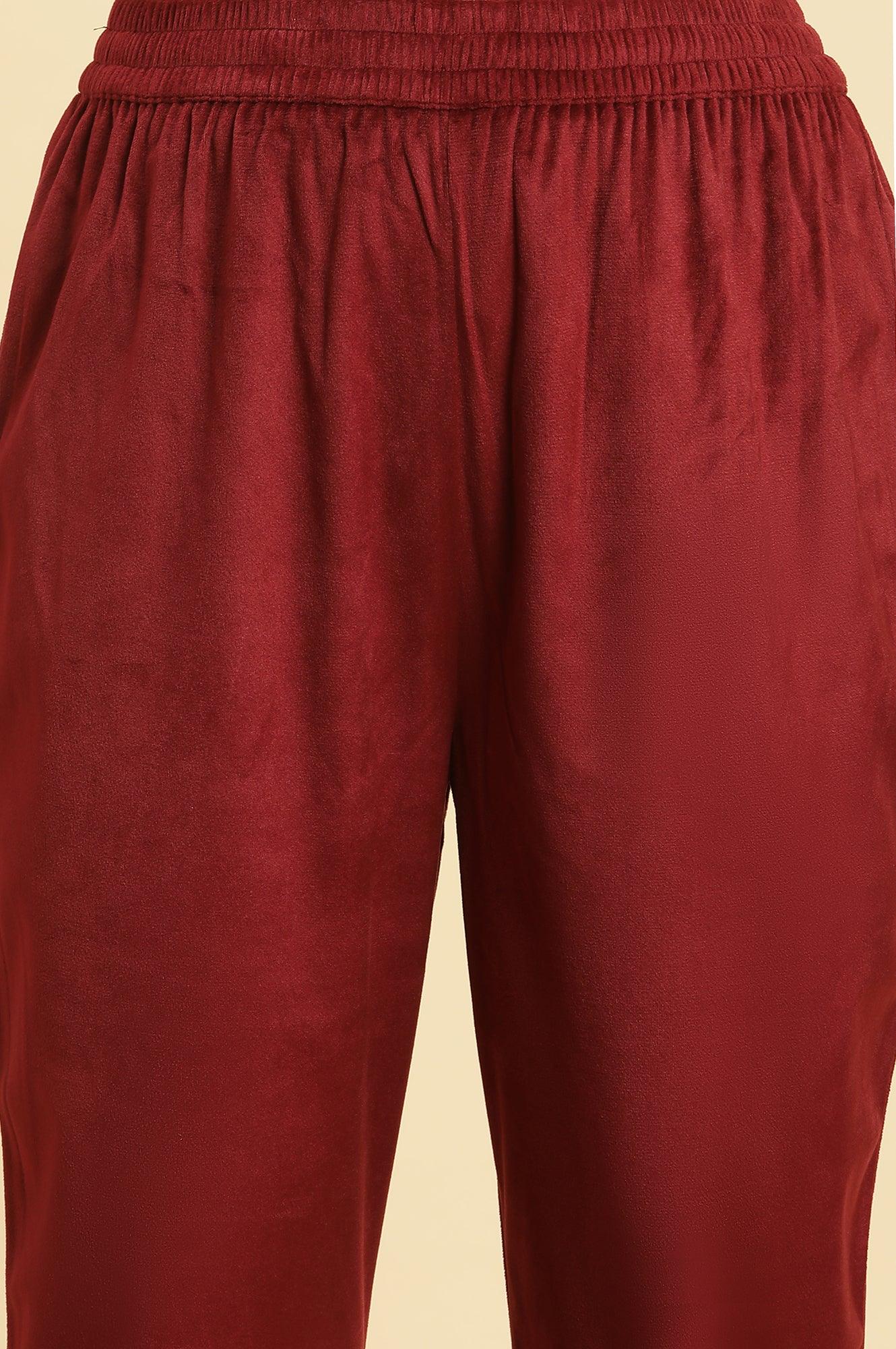 Maroon Velvet Embroidered Kurta, Pants And Jacquard Dupatta Set - Image 8