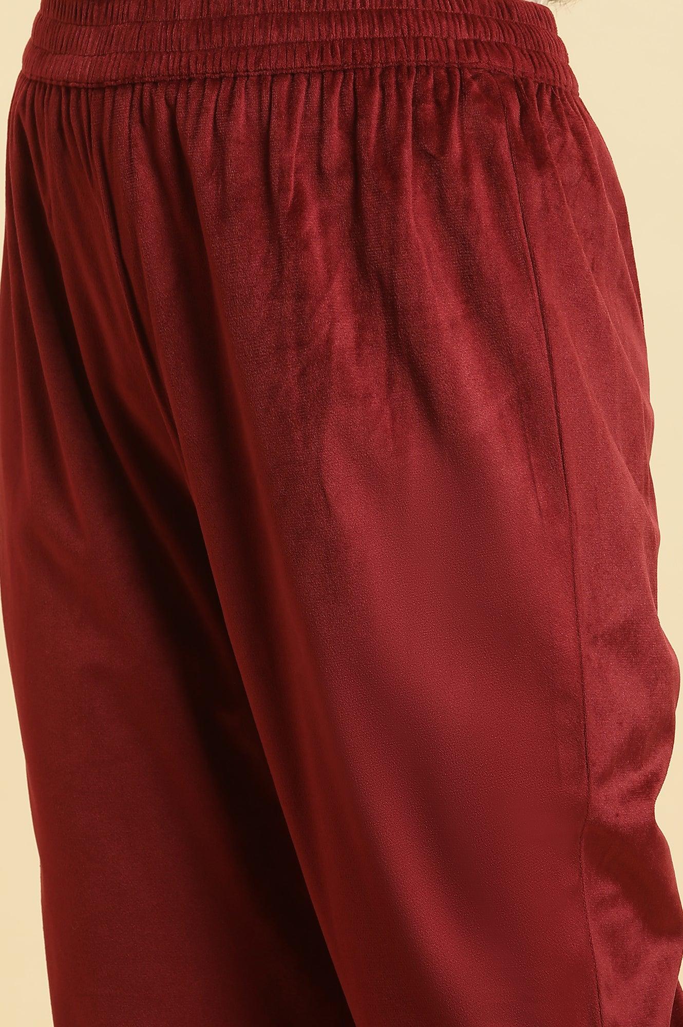 Maroon Velvet Embroidered Kurta, Pants And Jacquard Dupatta Set - Image 9