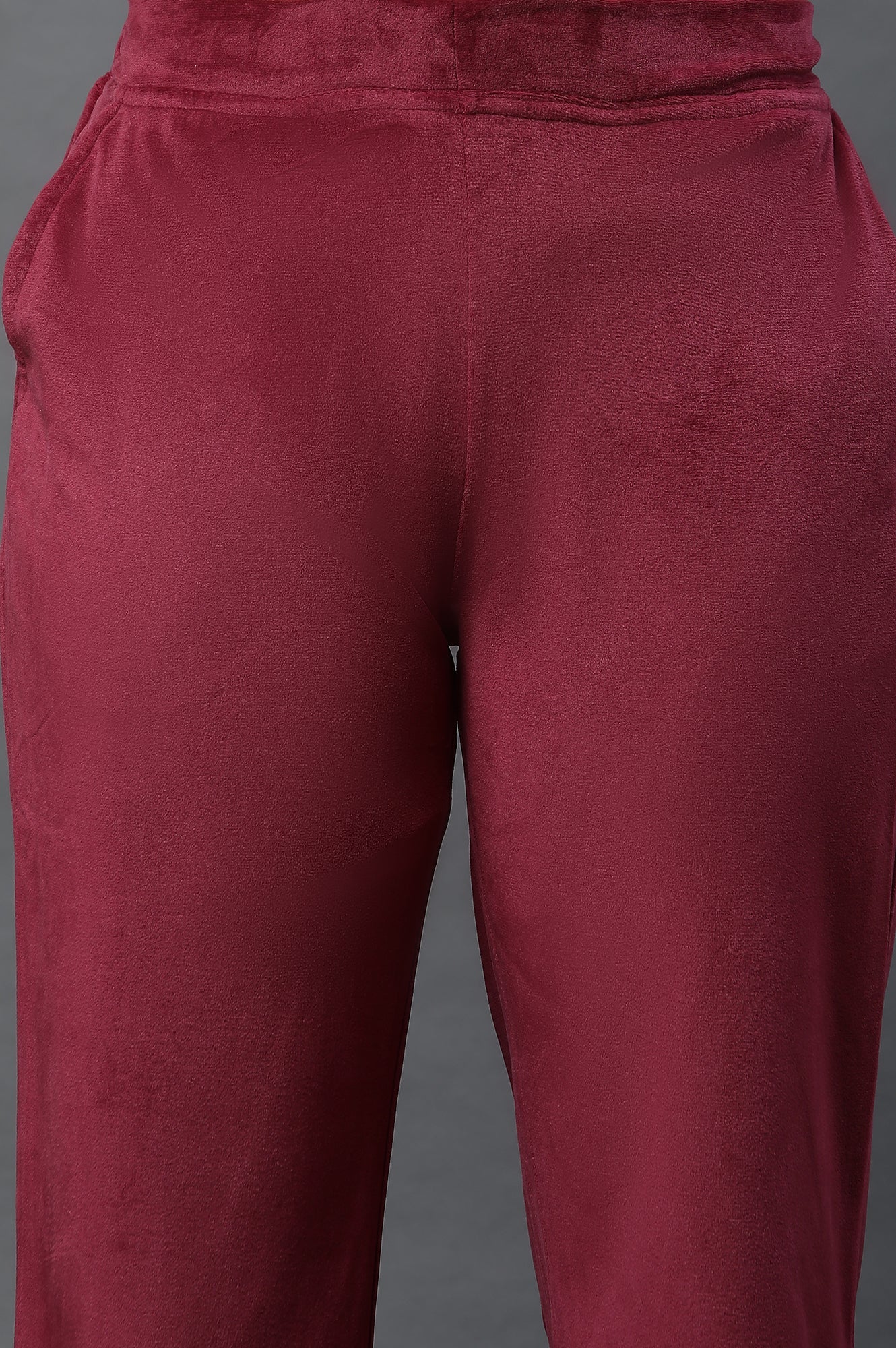 Elleven Women's Maroon Solid Straight Fit Velvet Pants With Elasticated Waist - Image 6