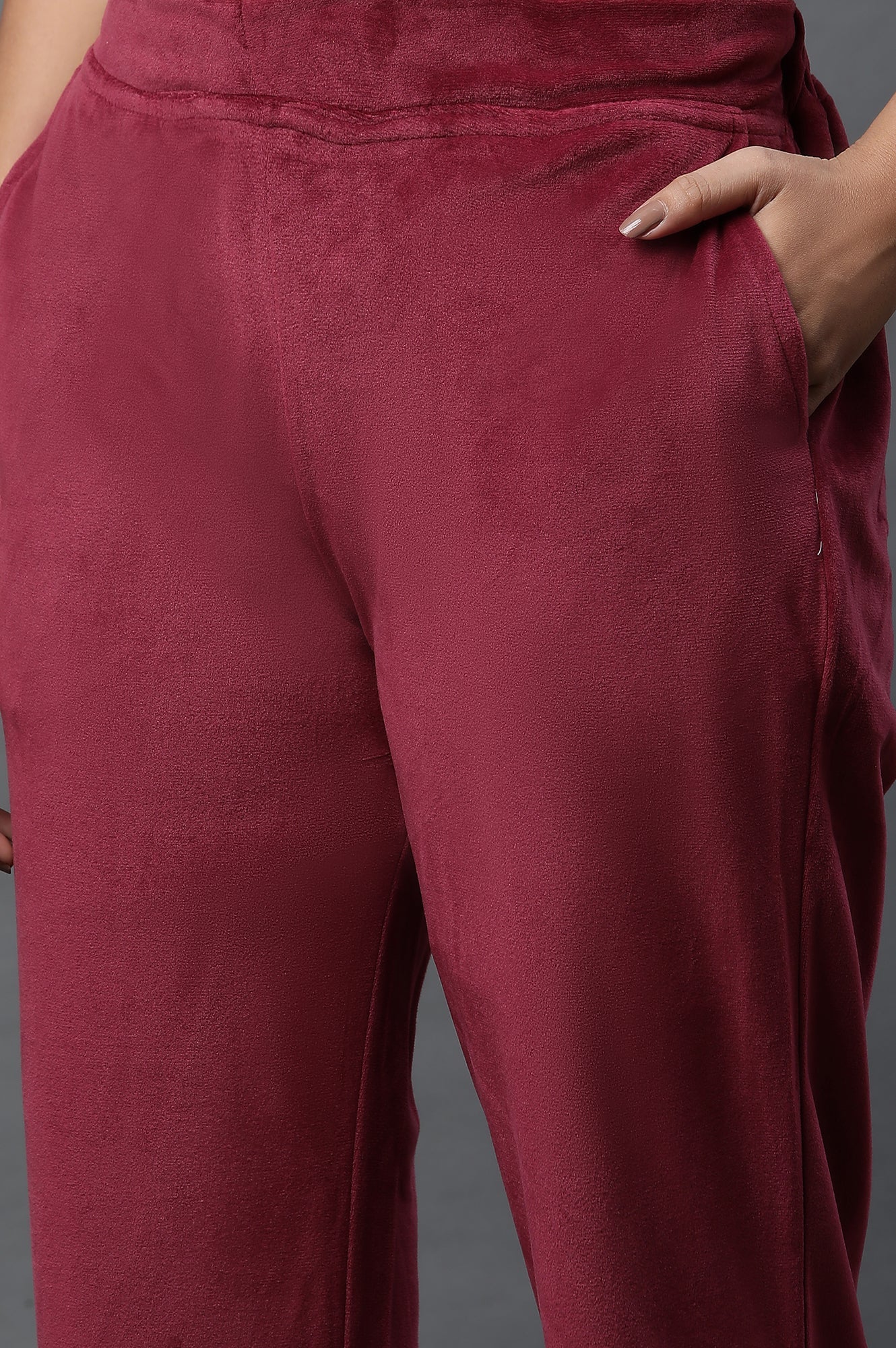 Elleven Women's Maroon Solid Straight Fit Velvet Pants With Elasticated Waist - Image 7