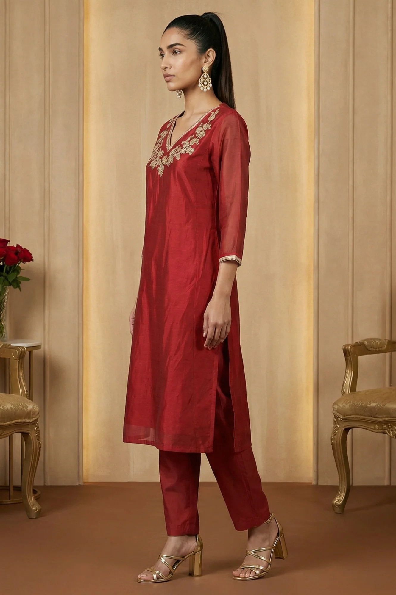 Maroon Yarn Dyed Zari Embroidered Straight Chanderi Kurta - Image 4
