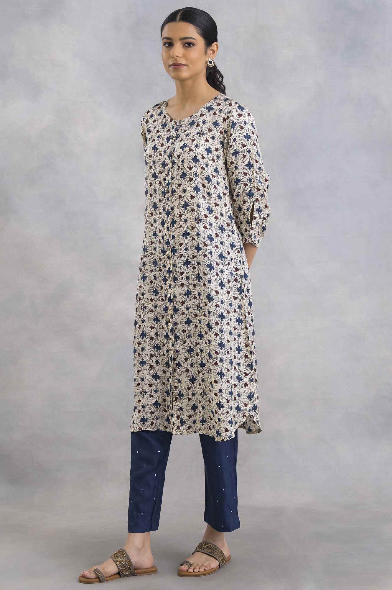 Mid-Length Hand Block Print Satin kurta - Image 3