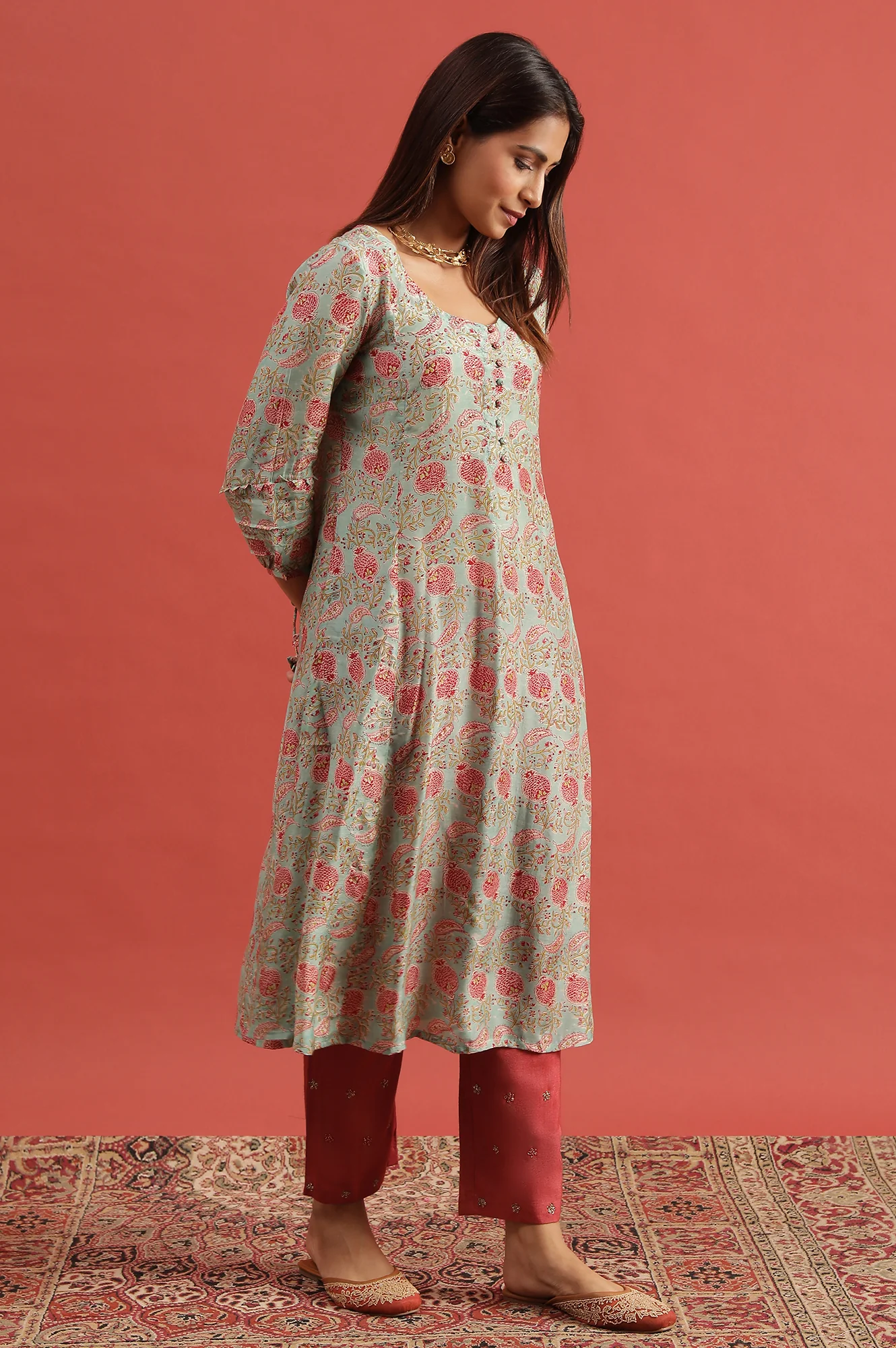 Mint Green Flared Kurta In Lyocell - Image 4