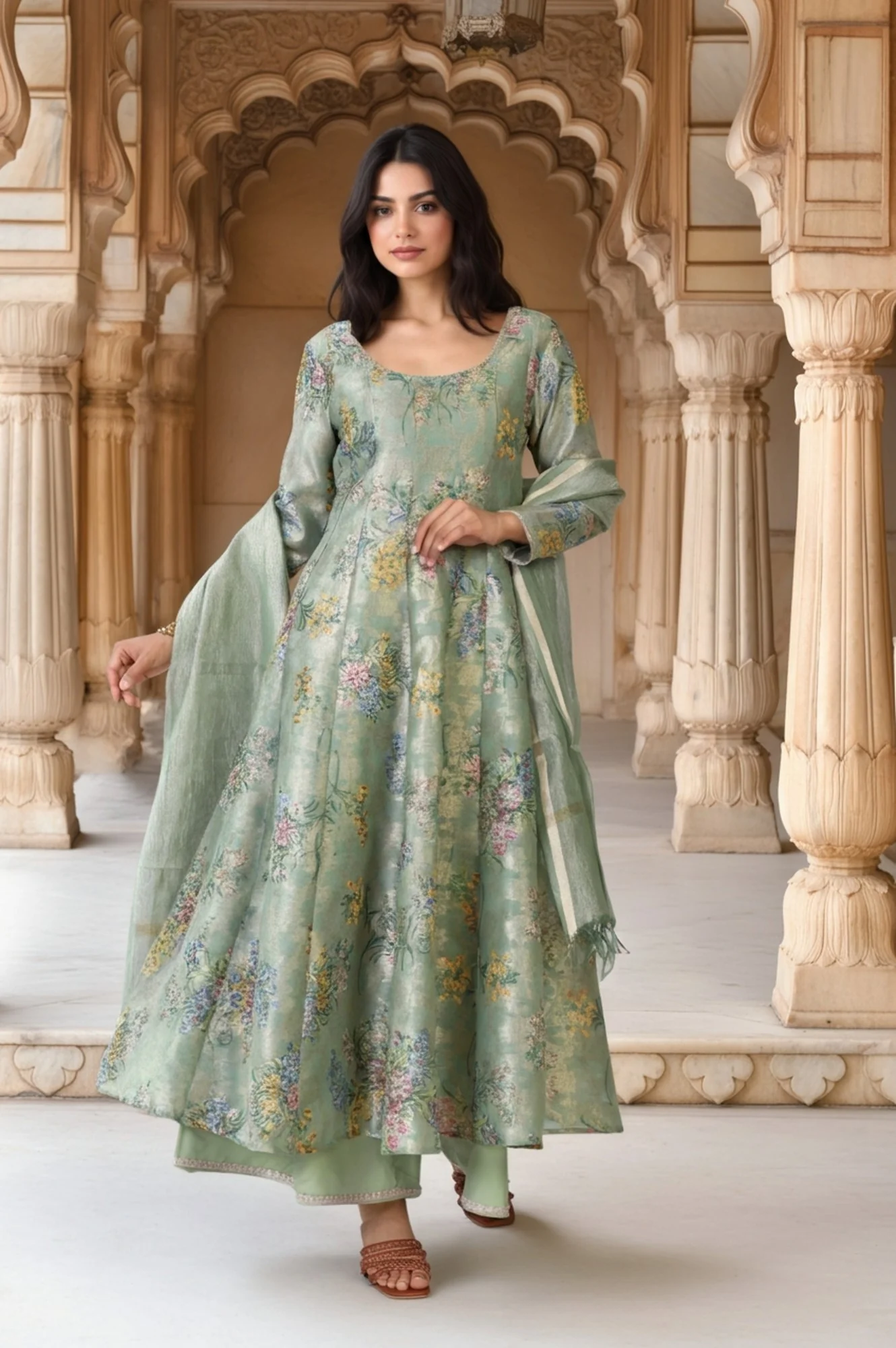 Mint Green Floral Print Tape Anarkali Jacquard Kurta with Flared Pant and Dupatta Set - Image 2
