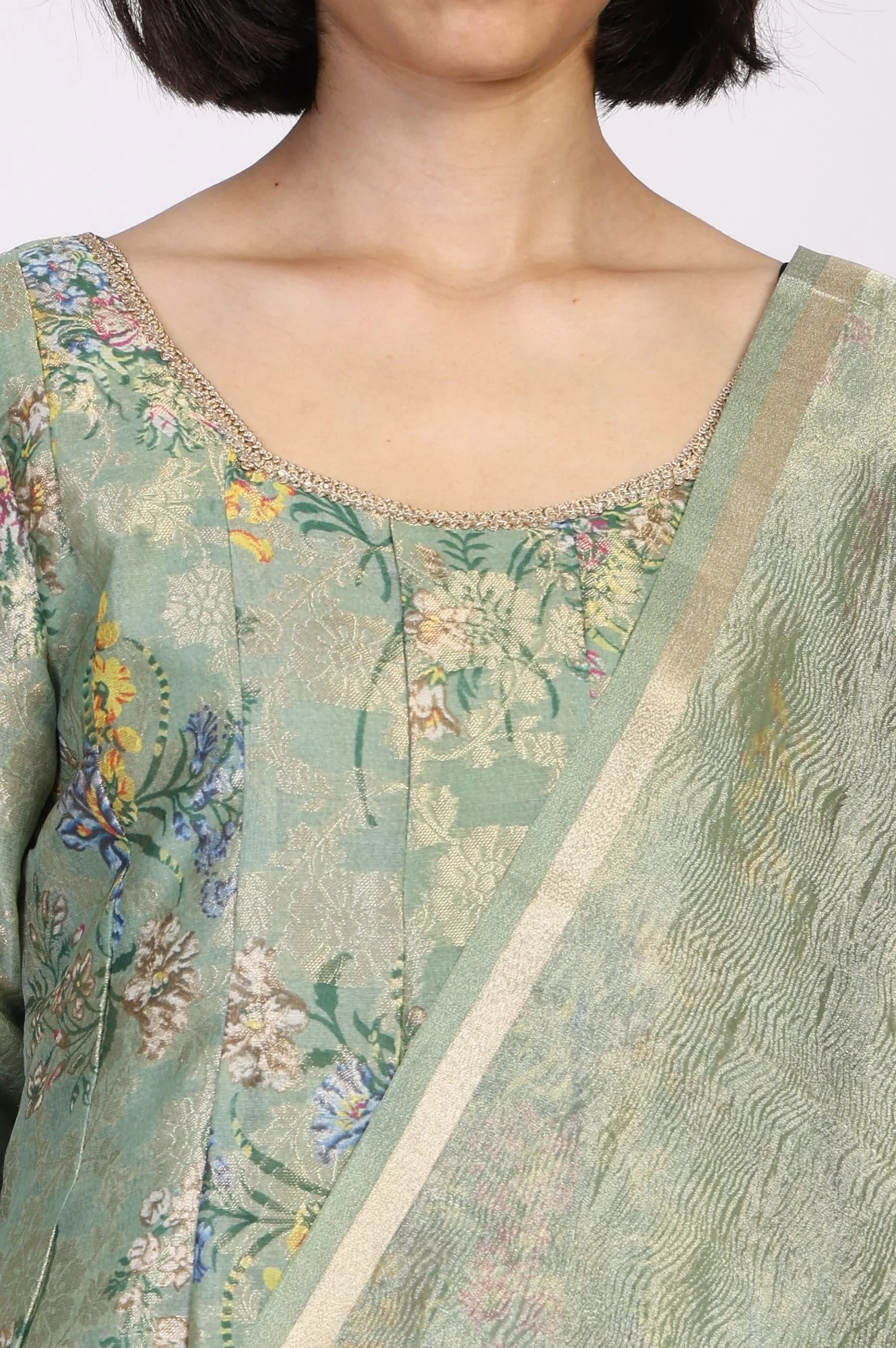 Mint Green Floral Print Tape Anarkali Jacquard Kurta with Flared Pant and Dupatta Set - Image 3