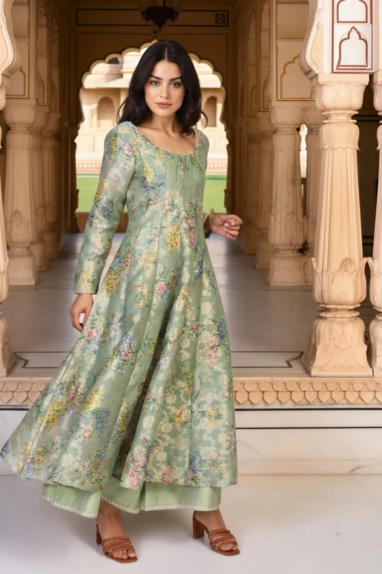 Mint Green Floral Print Tape Anarkali Jacquard Kurta with Flared Pant and Dupatta Set - Image 4